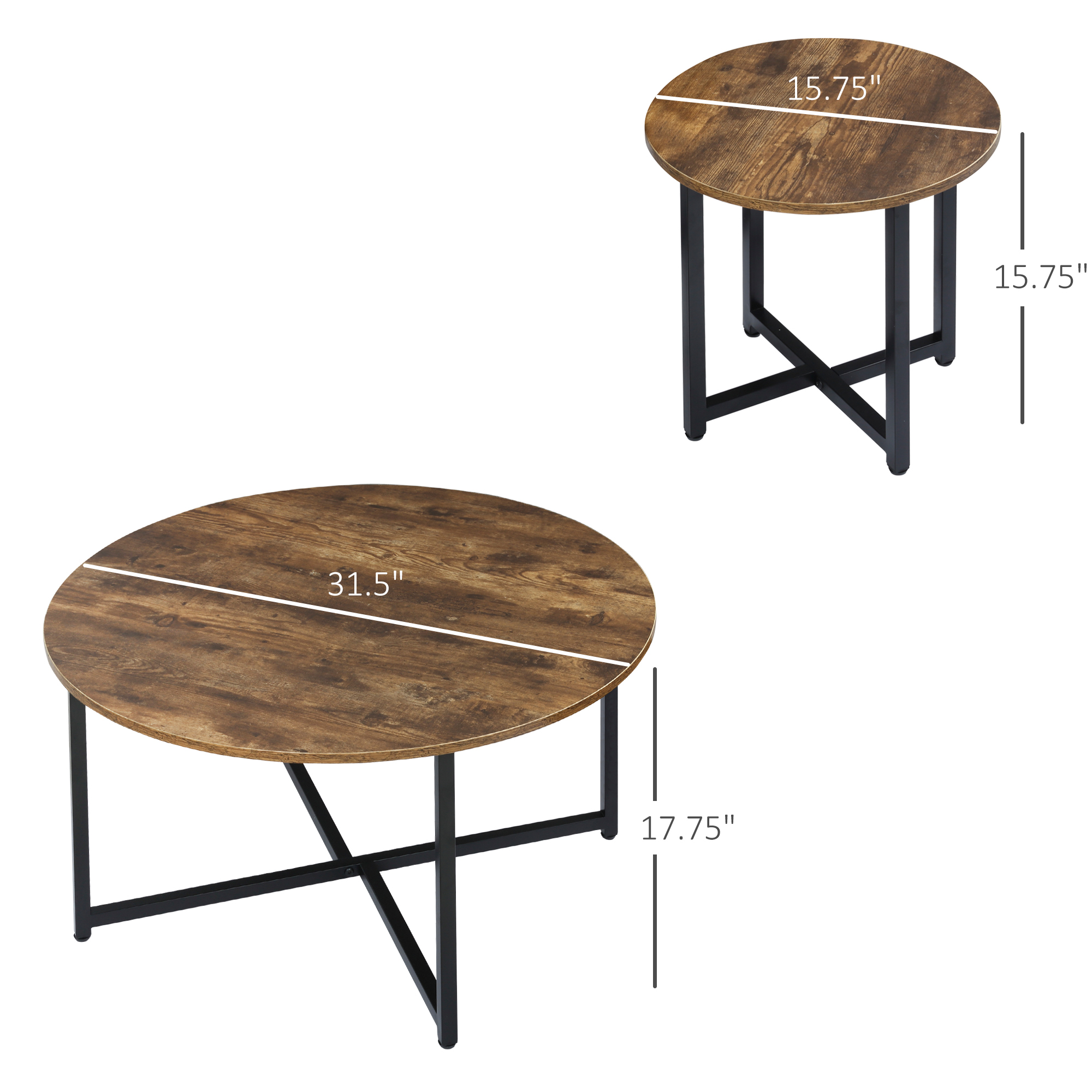 HOMCOM Round Coffee Table, Nesting Set of 2 with Metal Frame, Industrial Side End Table for Living Room Bedroom, Rustic Brown 1