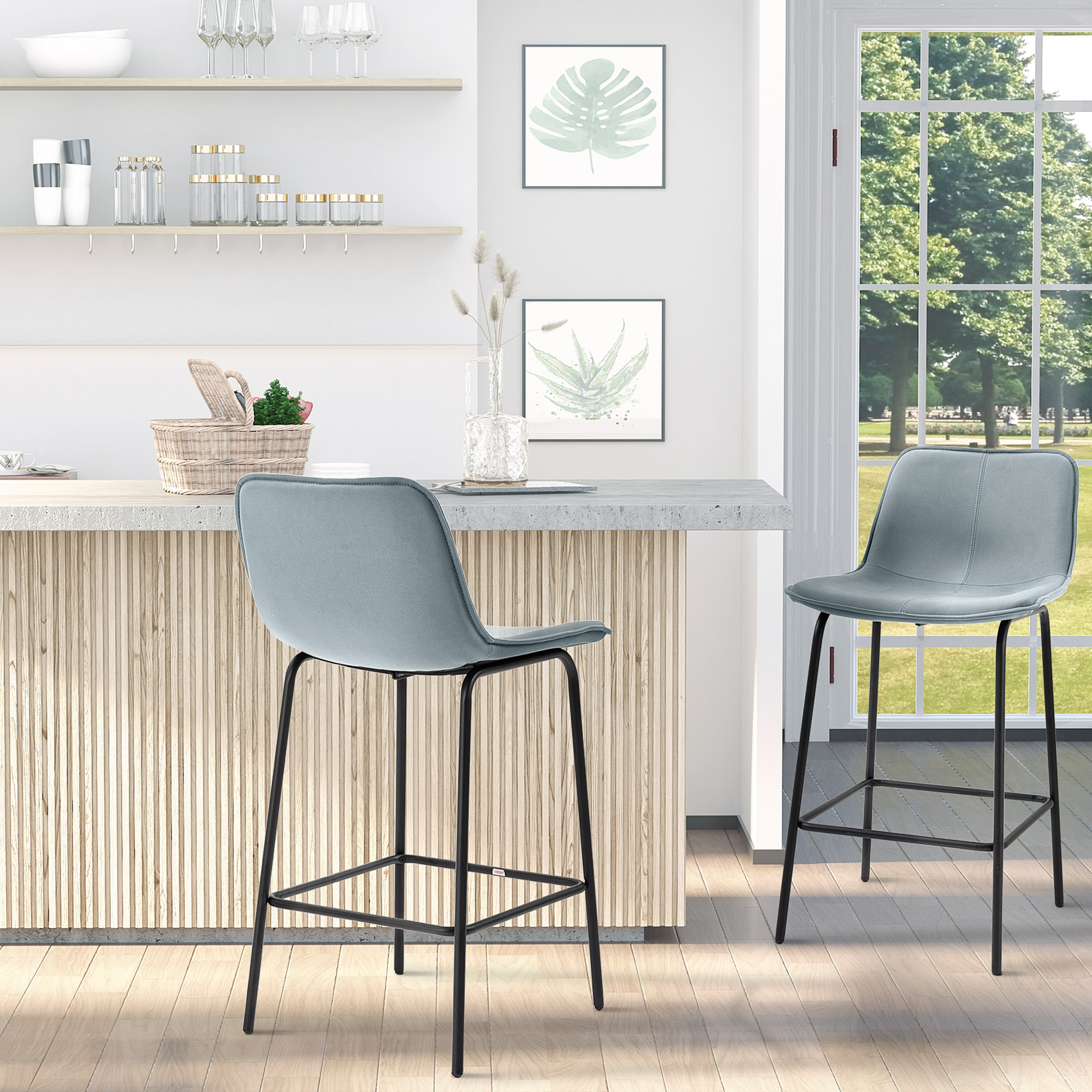 HOMCOM Sleek Bar Stool Duo: Upholstered Counter Height Chairs with Steel Legs for Dining Kitchen, 26" inch, Black Finish Aosom Canada