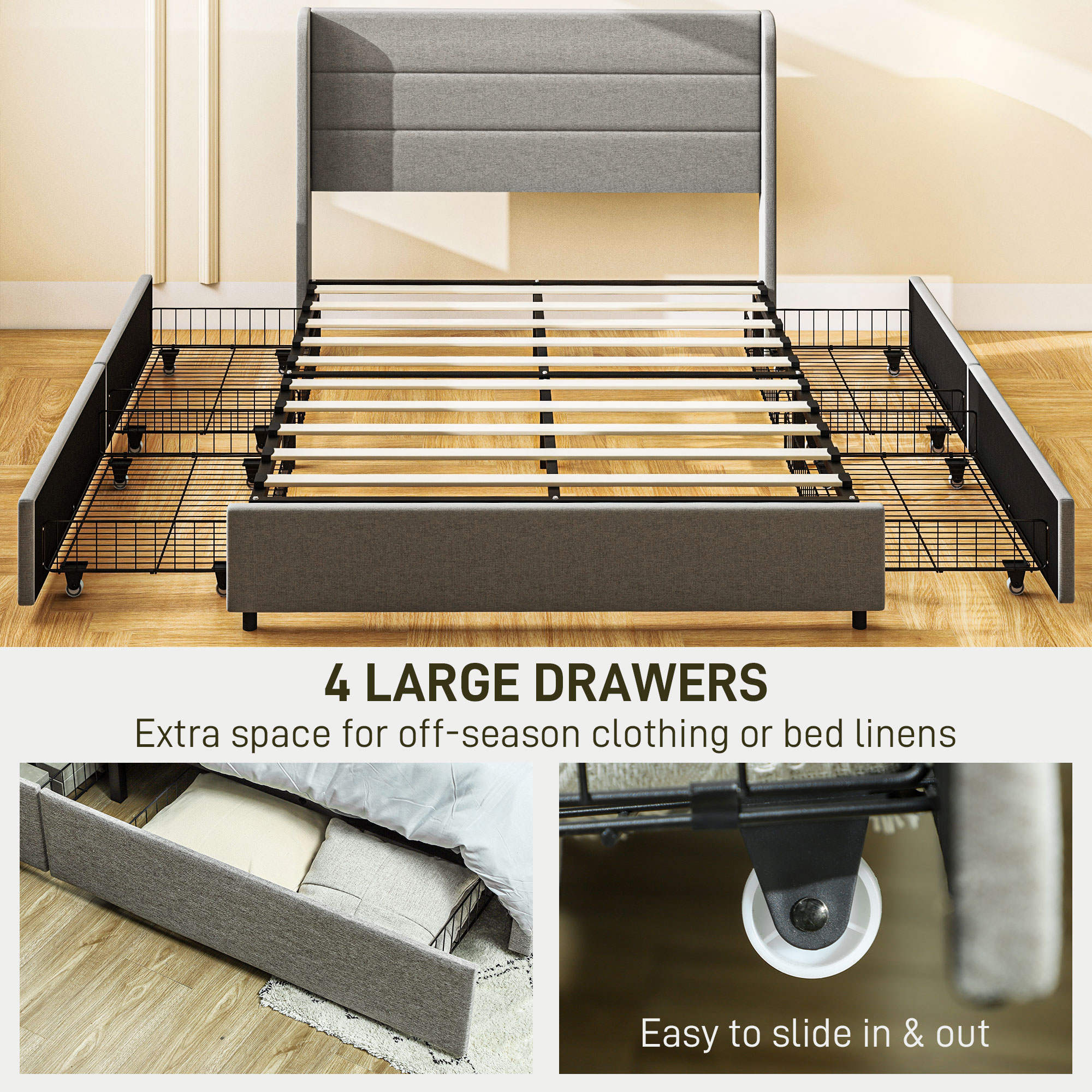 HOMCOM Full Bed Frame with Storage Drawers, Full Size Bed Base with Headboard, Wood Slats, Noise-Free, Light Gray | Aosom.com 3