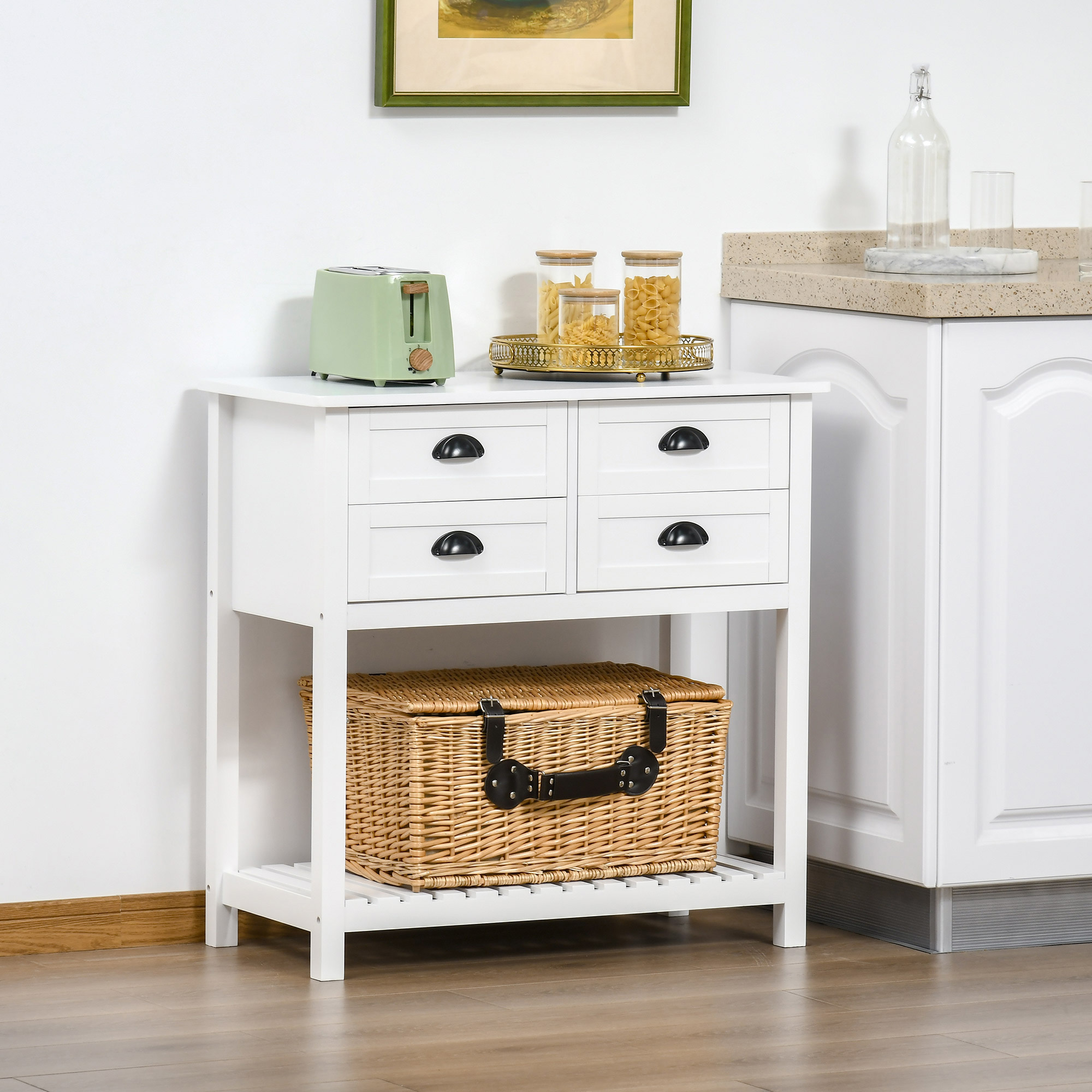 HOMCOM Sideboard Buffet Cabinet, Storage Serving Console Table with 4 Drawers and Slatted Bottom Shelf for Kitchen, Living Room, White 2