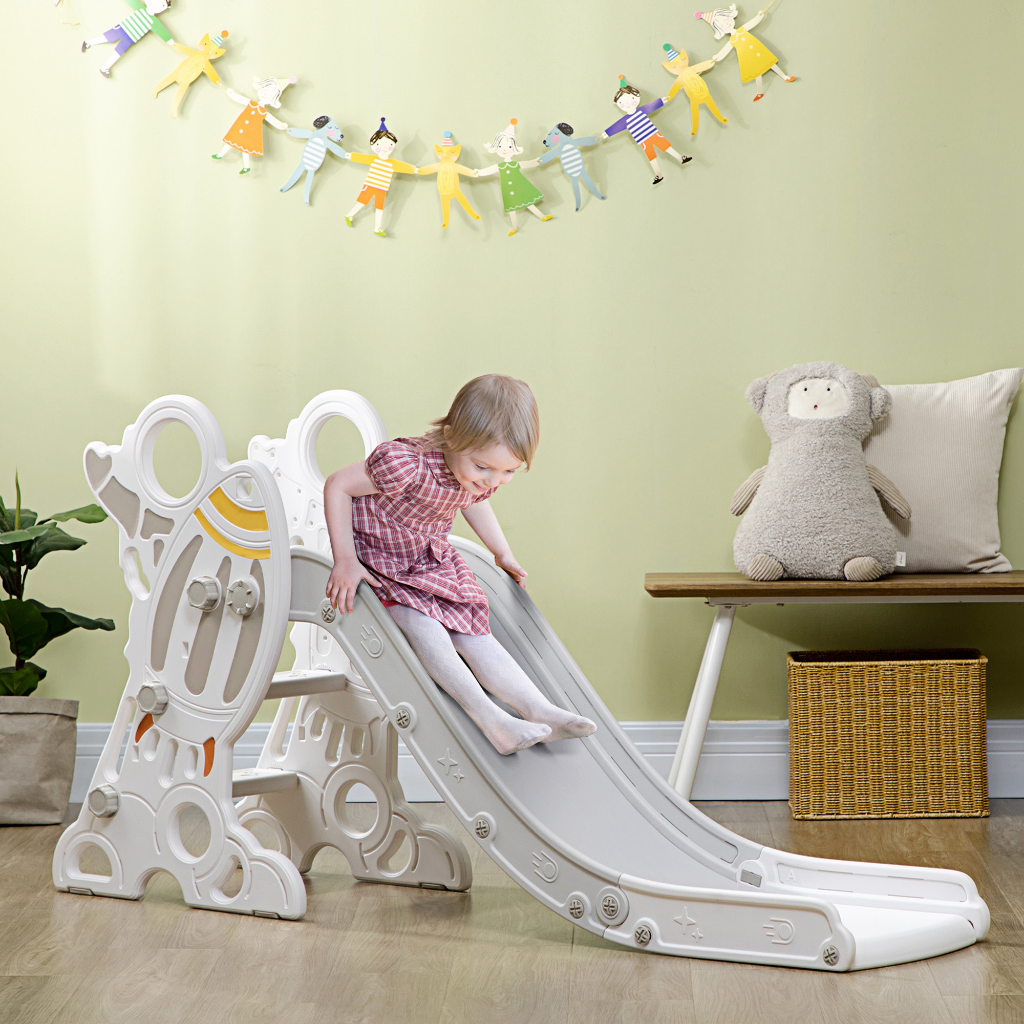 【WONDER WONDER】Slot Ribbed Color Unbalanced Tiered Midi SK Qaba Toddler Slide Indoor for Kids 1.5-3 Years Old, Space