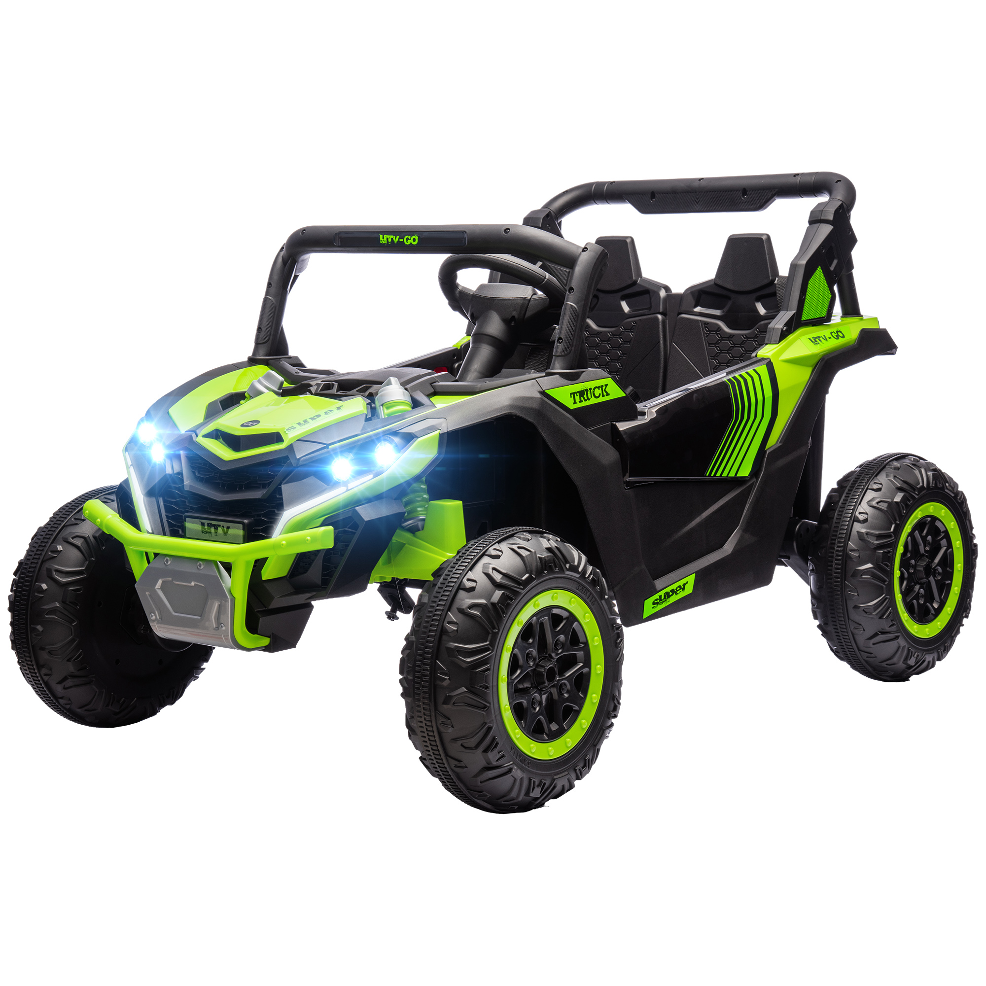 Qaba 24V 7AH Ride on Car, 2 Seater 4 MPH Ride on UTV with 4 Shock Absorbers, Music Horn LED Lights, for 3-8 Years, Green