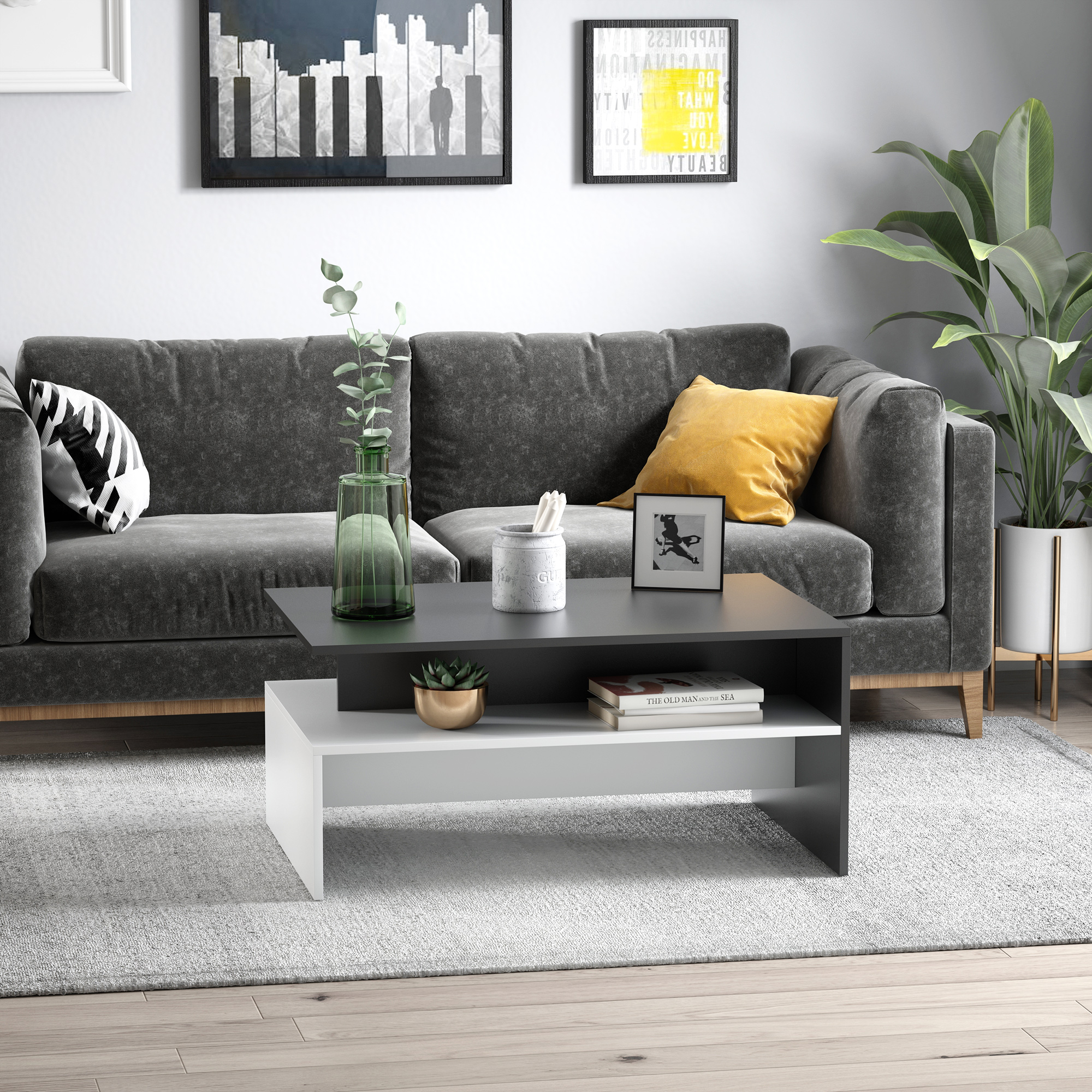HOMCOM Modern Coffee Table Black/White 2-Tier Rectangular Center Table with Storage Shelves | Aosom.com 0