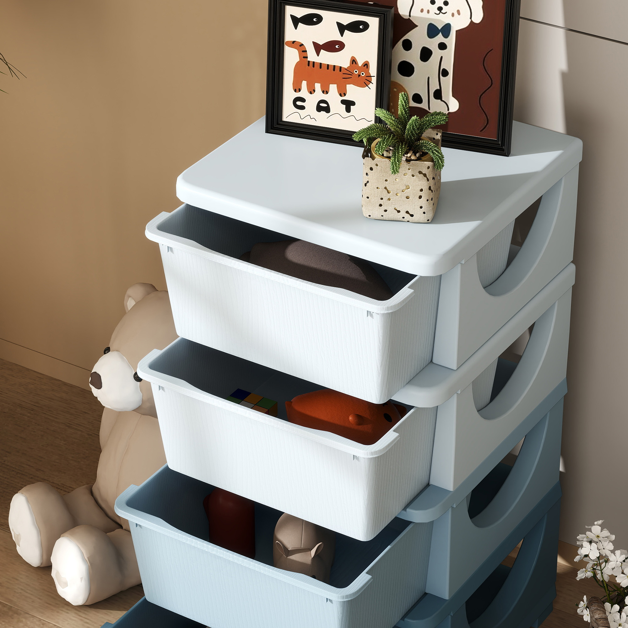 Qaba 30" 4 Tier Kids Storage Unit Dresser Tower w/ 4 Drawers, Blue 6