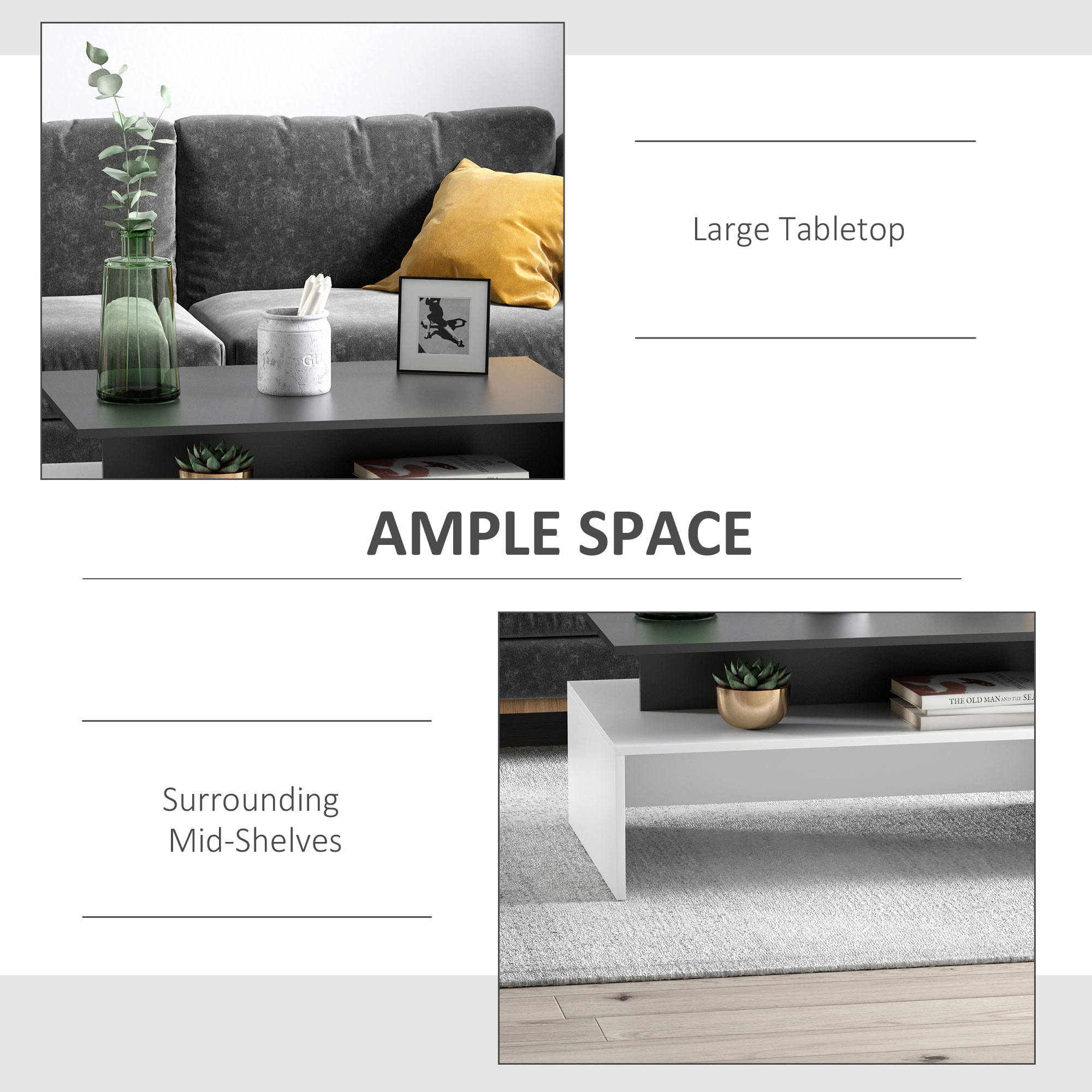 HOMCOM Modern Coffee Table Black/White 2-Tier Rectangular Center Table with Storage Shelves | Aosom.com 2