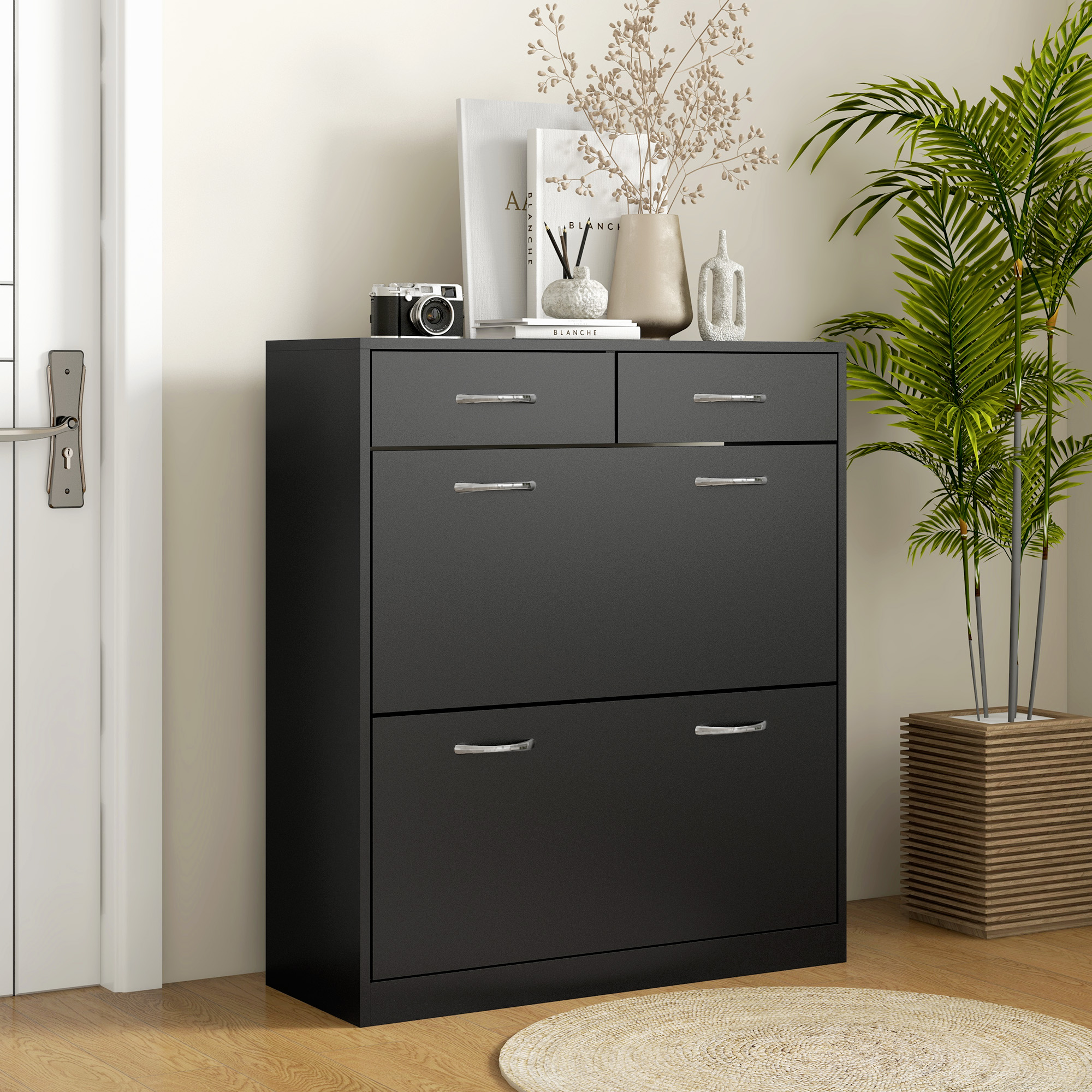 HOMCOM Shoe Storage Cabinet 12 Pairs Adjustable Shelves 2 Drawers Space Saving Compact Black Aosom Canada