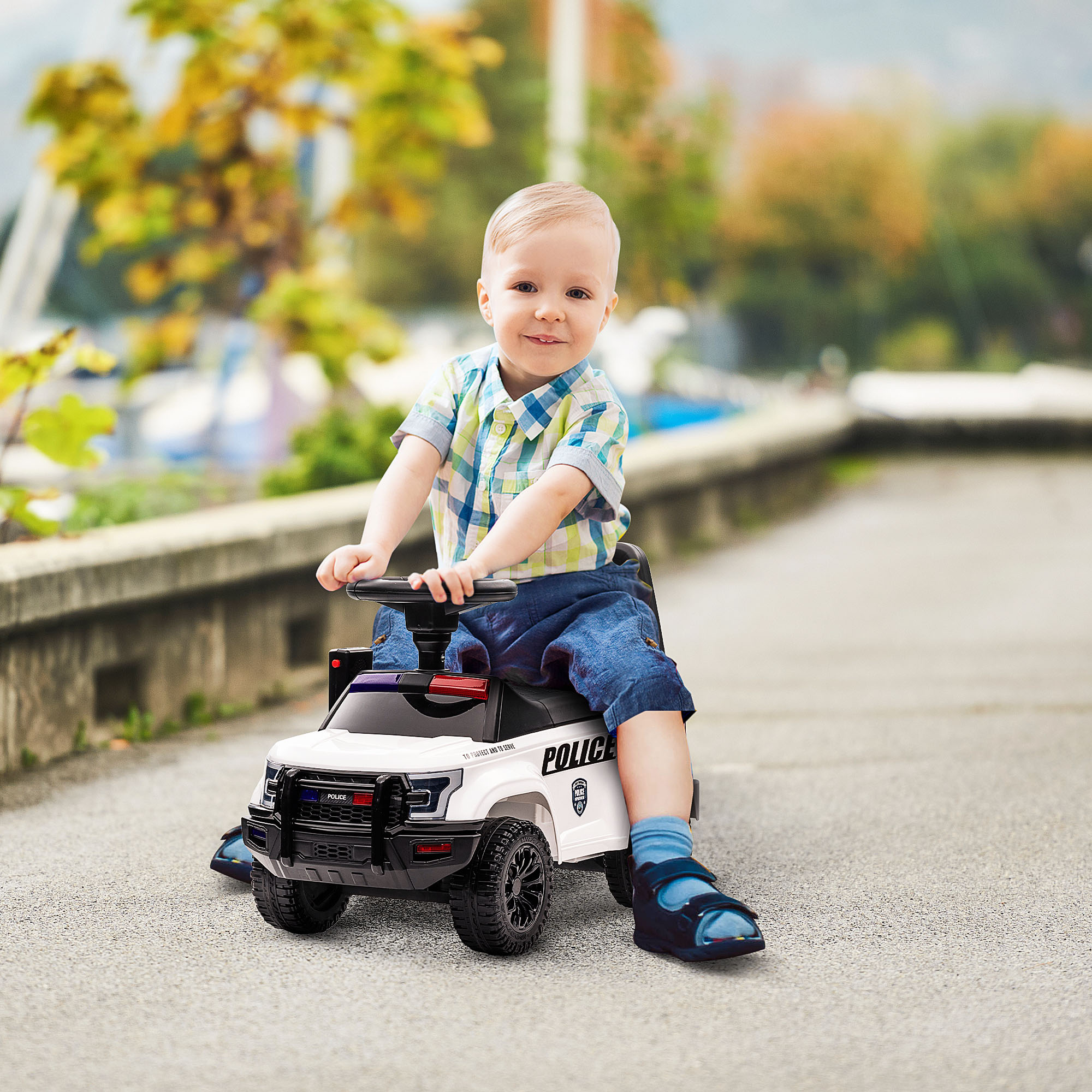 Aosom Kids Ride On Police Car Sliding Toy with Storage Megaphone Anti-Tip Device White Aosom Canada