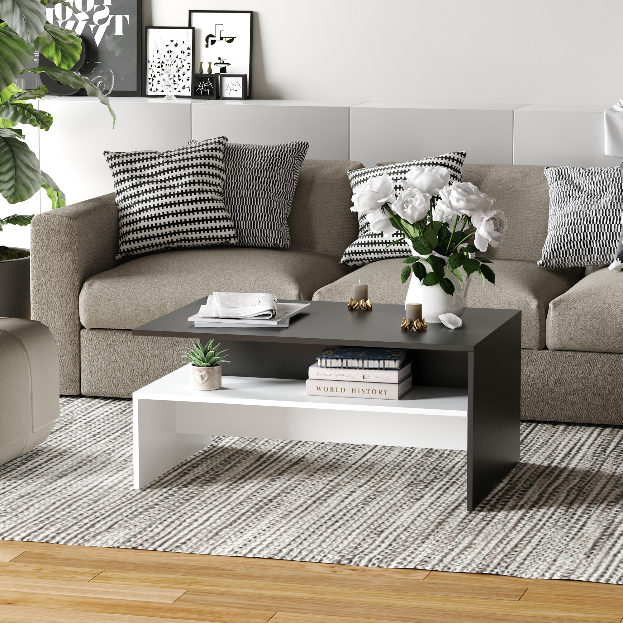 HOMCOM Modern Coffee Table Black/White 2-Tier Rectangular Center Table with Storage Shelves | Aosom.com 5