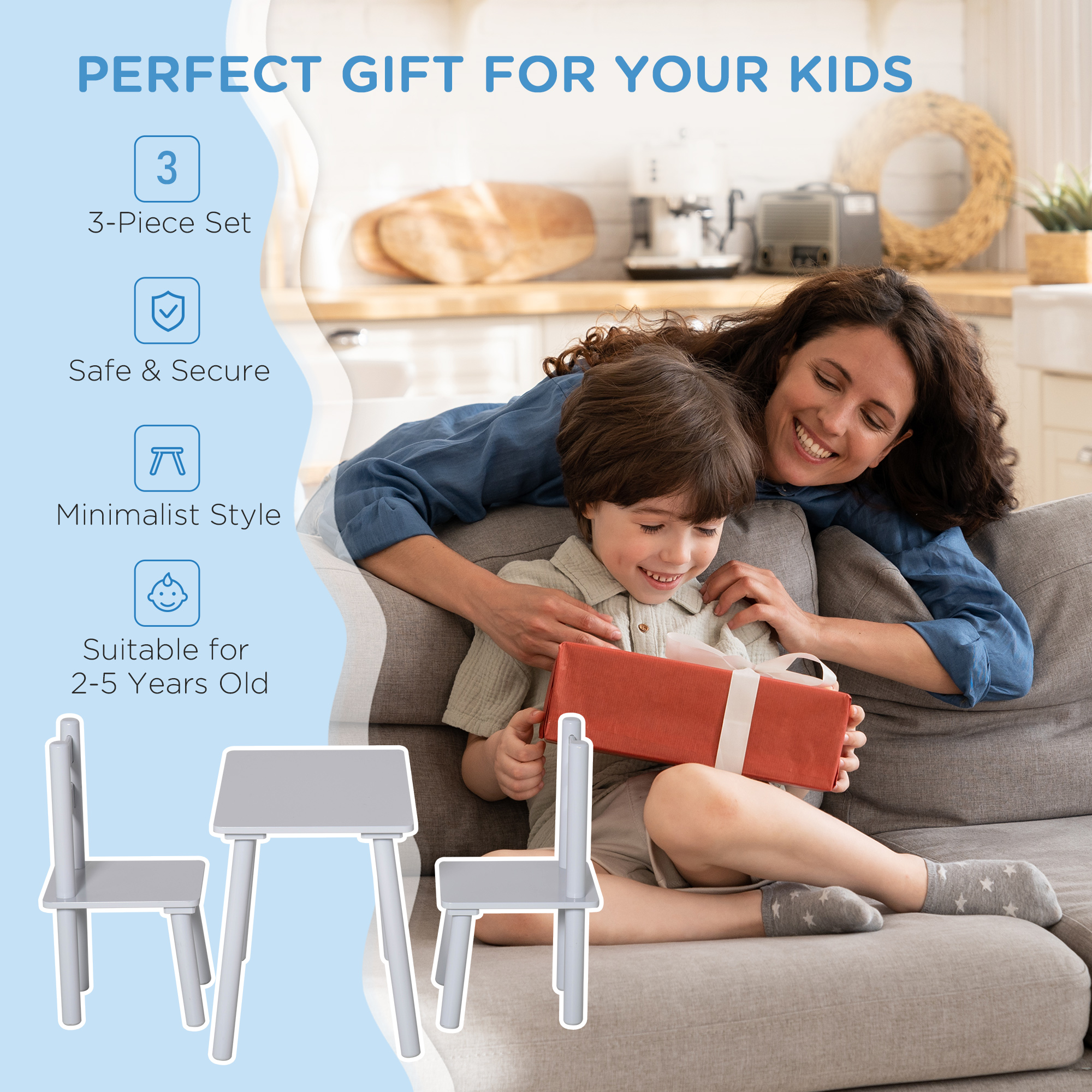 Qaba Children's Wooden Table and Chair Set, Durable for Arts, Crafts, Dining & Reading, Enhance Creativity for Ages 2-5, Gray| Aosom.com 3