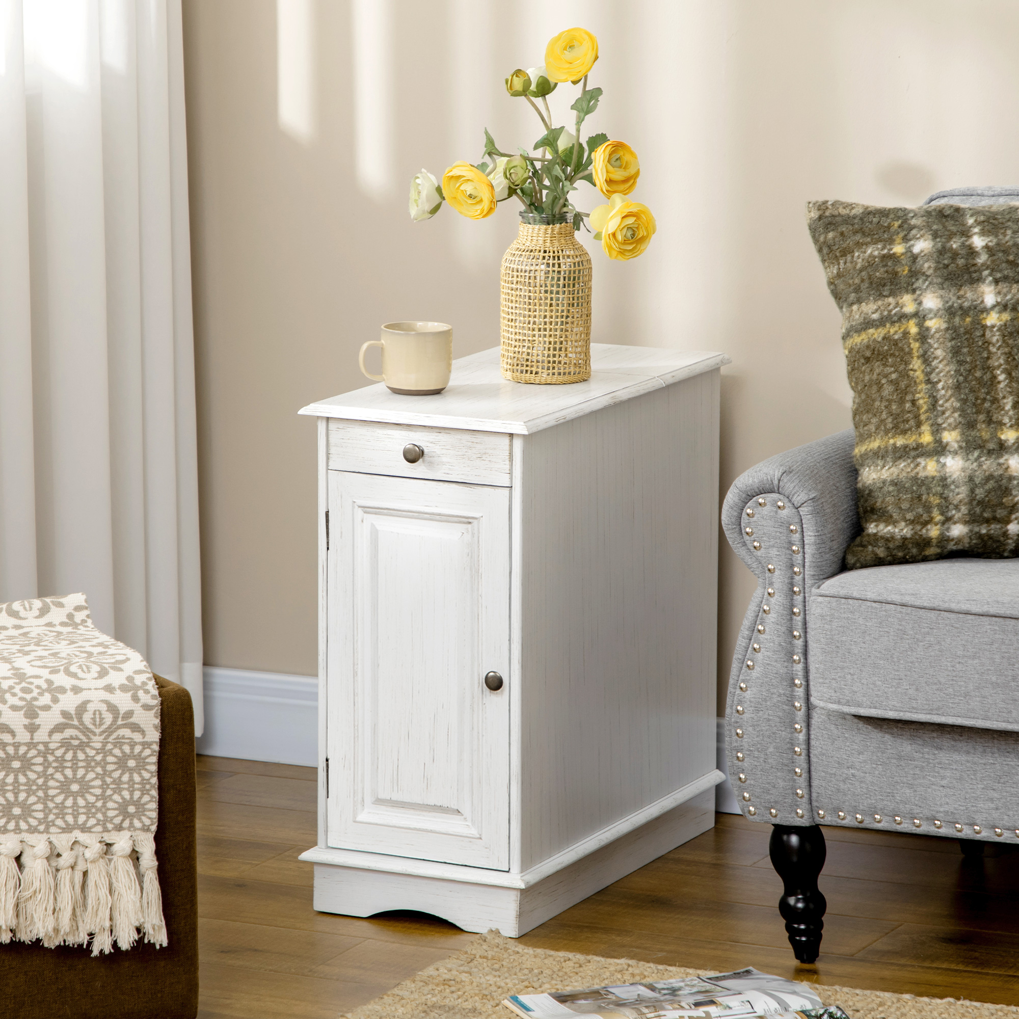 HOMCOM Flip Top End Side Table with Storage Drawer and Cabinet