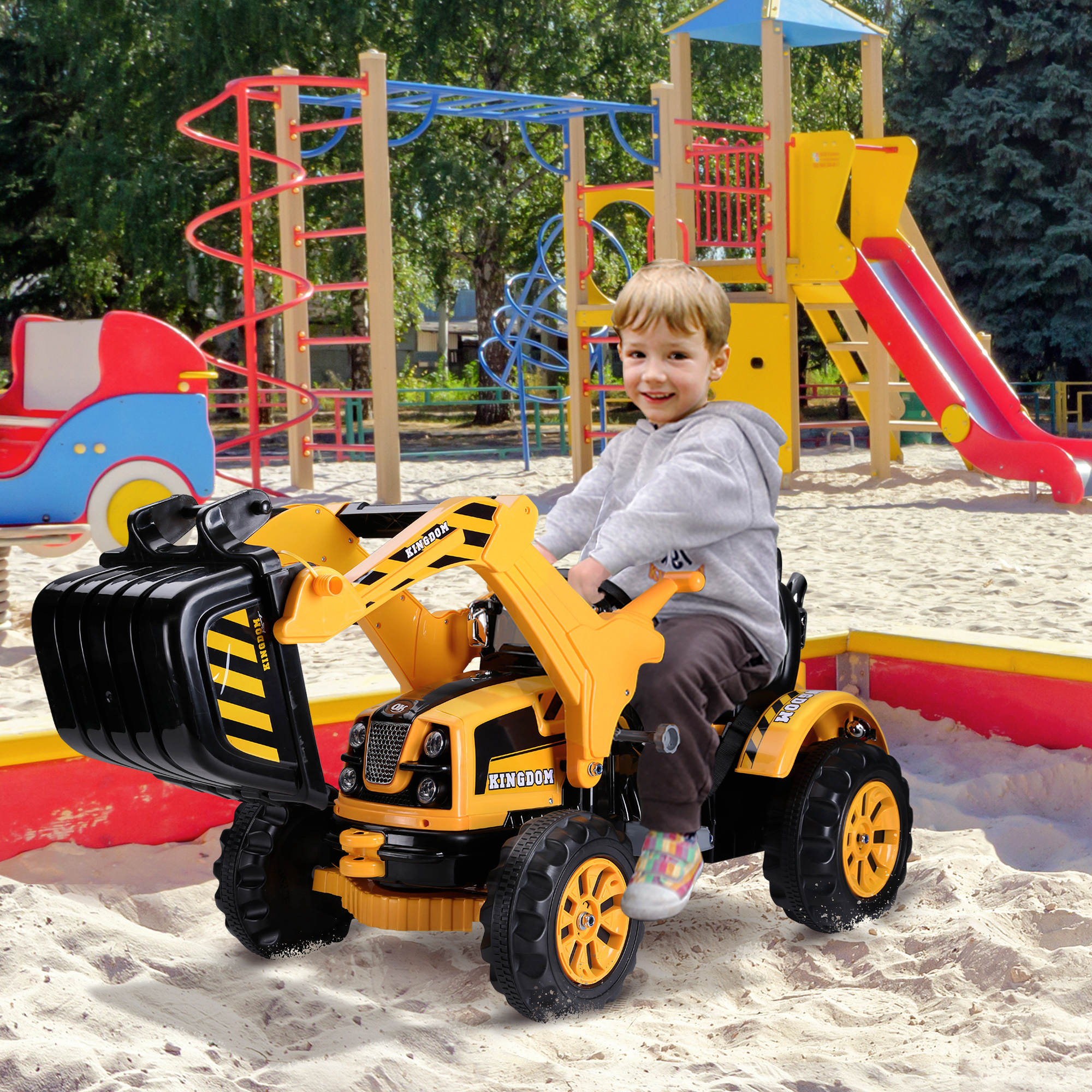 6V Kids Ride on Excavator Toy Backhoe Tractor Vehicle, Yellow and