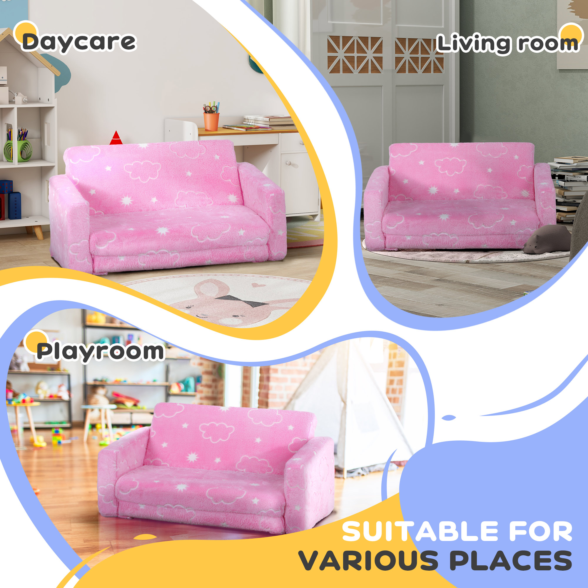Qaba Couch with Glow in the Dark Cloud Patten, Washable Cover, Pink | Aosom.com 4