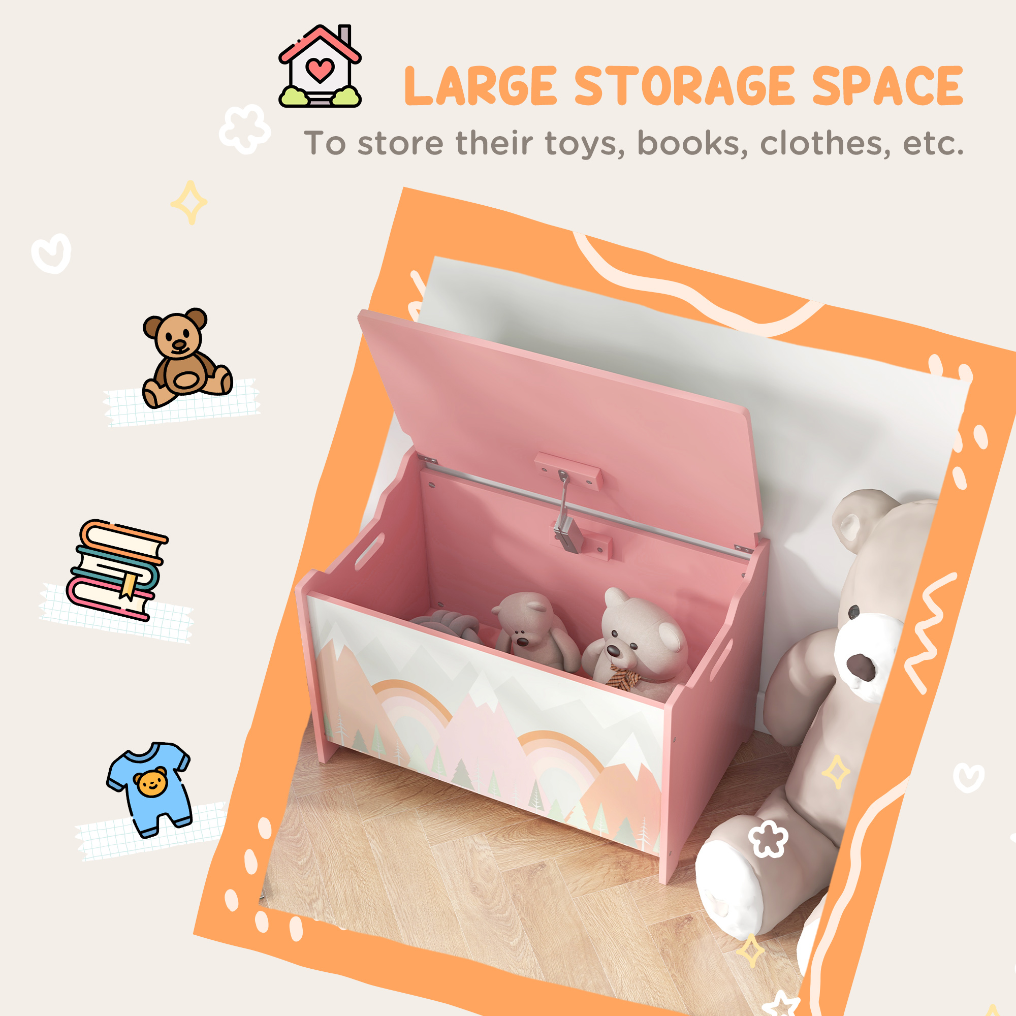 Qaba Sleek Toy Box, Bedroom Storage Solution for Spacious & Clutter-Free Rooms, Kids Toy Chest Organizer, Pink | Aosom.com 4