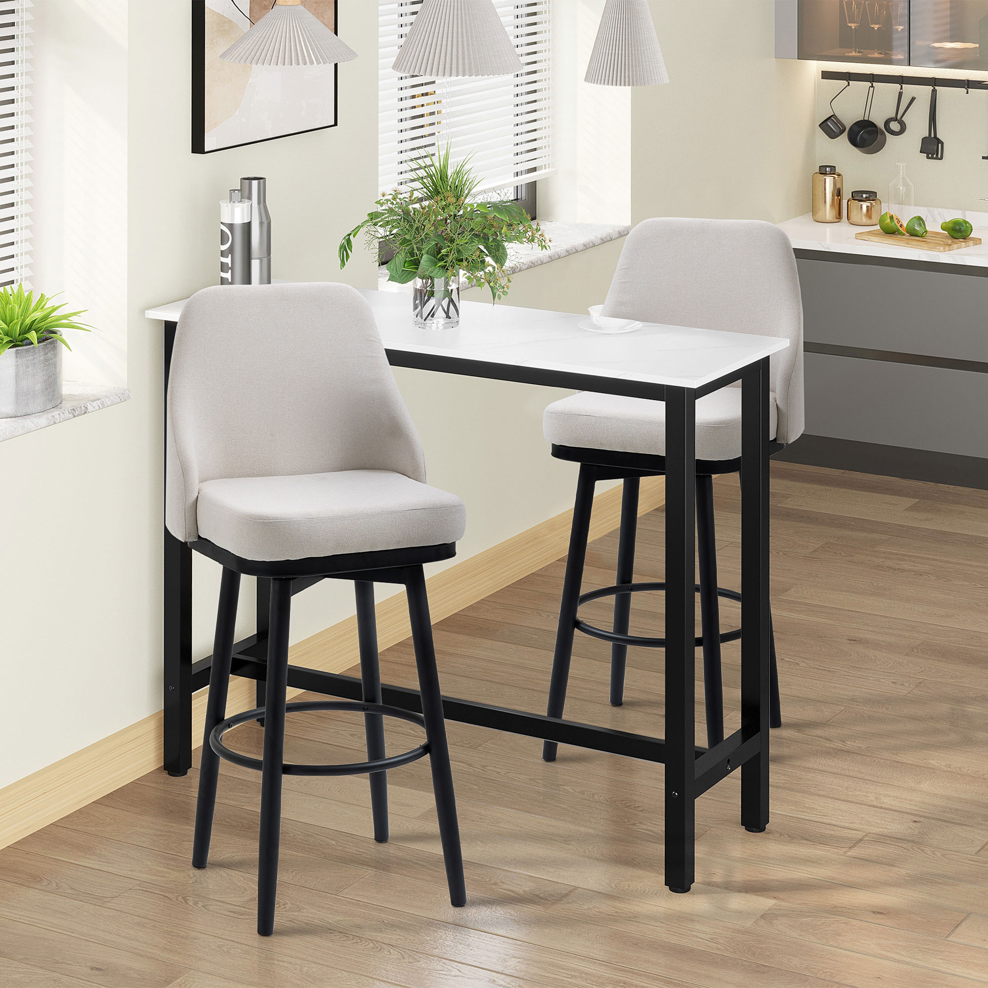 HOMCOM Set of 2 Extra Tall Cream White Bar Stools, Modern 360° Swivel with Steel Legs and Footrest for Dining Room Elegance Aosom Canada