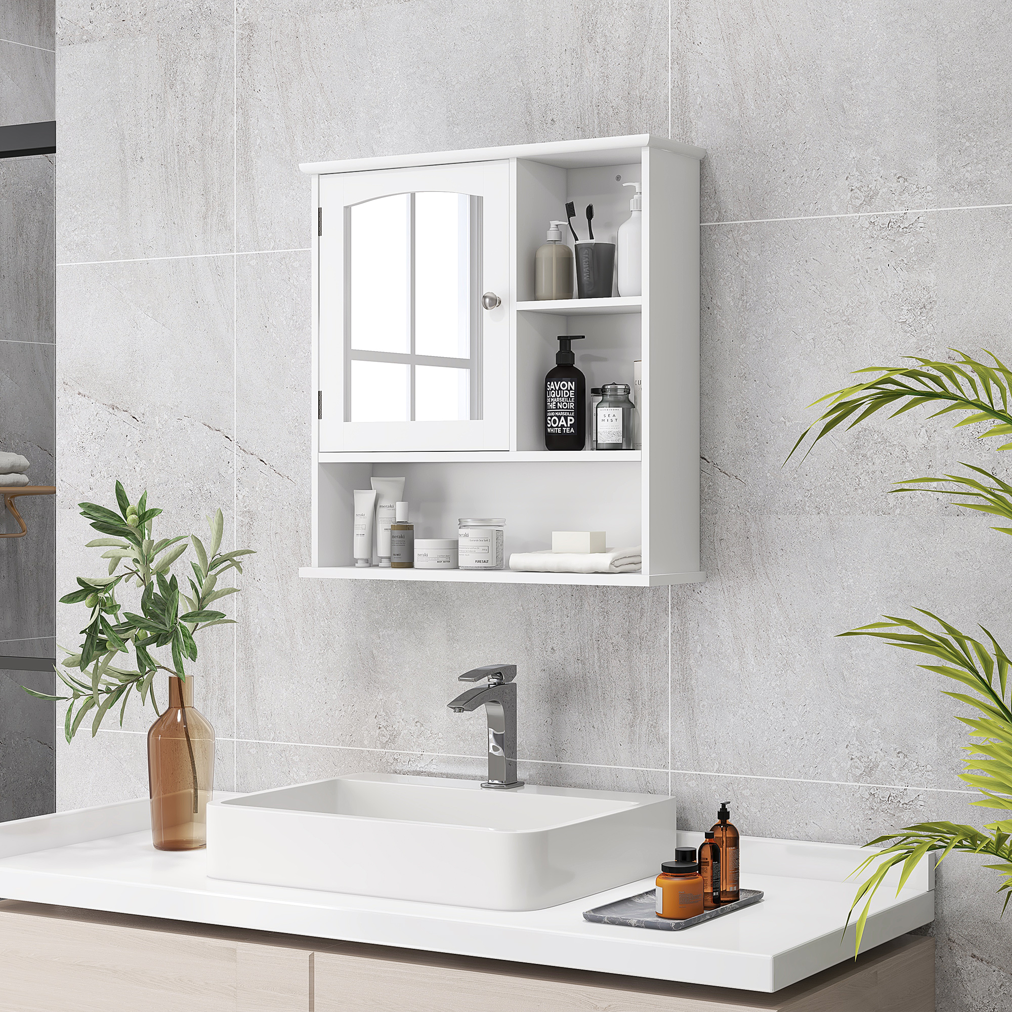 Kleankin Wall Mount Wood Medicine Cabinet with Mirror Adjustable Shelf Storage Organizer White | Aosom.com 0