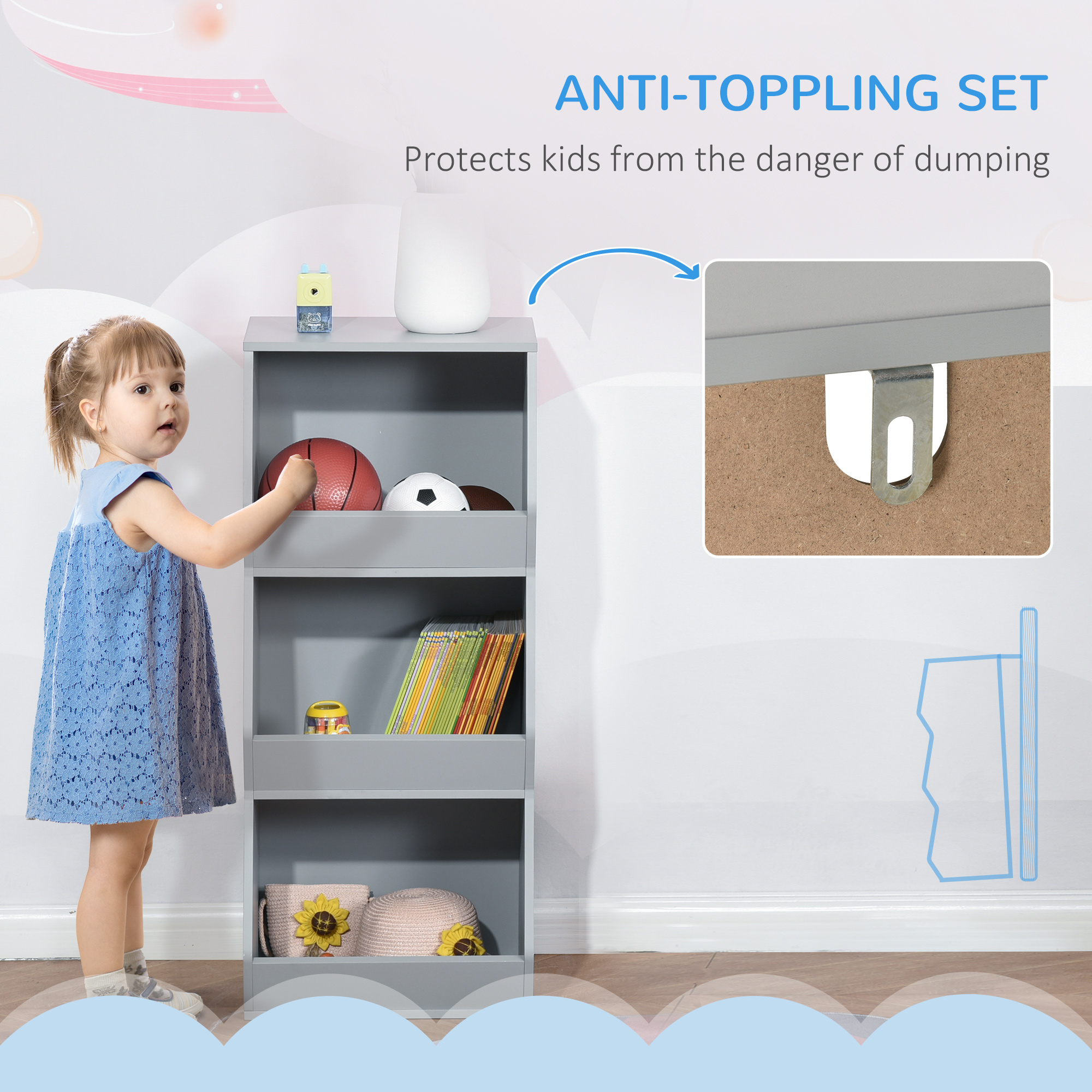 HOMCOM Kids Storage Cabinet, 3-Shelf Anti-toppling Organizer, Childrens Bookcase for Playroom, Bedroom, Space-Saving Book Rack, Gray | Aosom.com 4