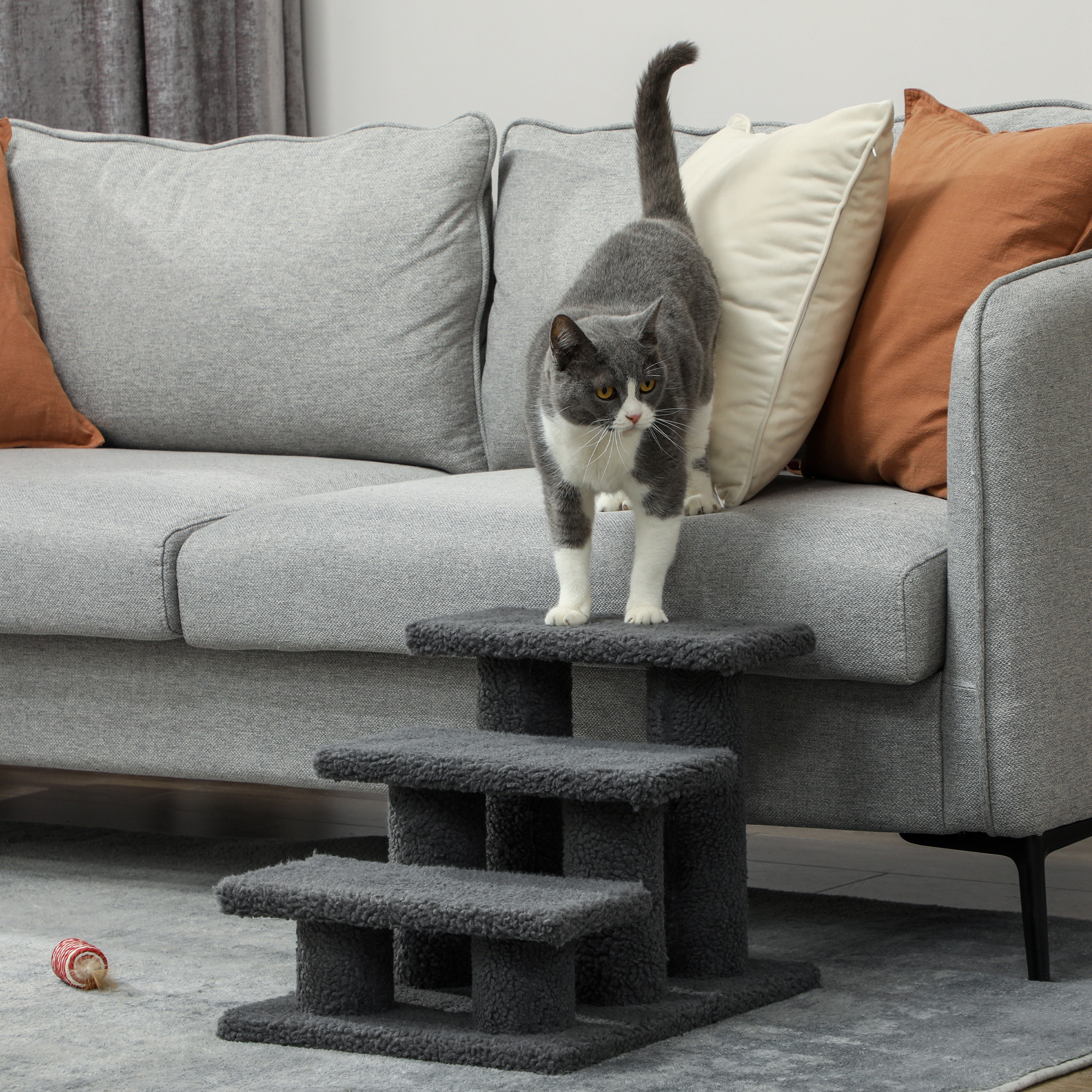 PawHut 18" 3 Tier Pet Stairs Dog Cat Step Scratch Post Furniture, Grey Aosom Canada