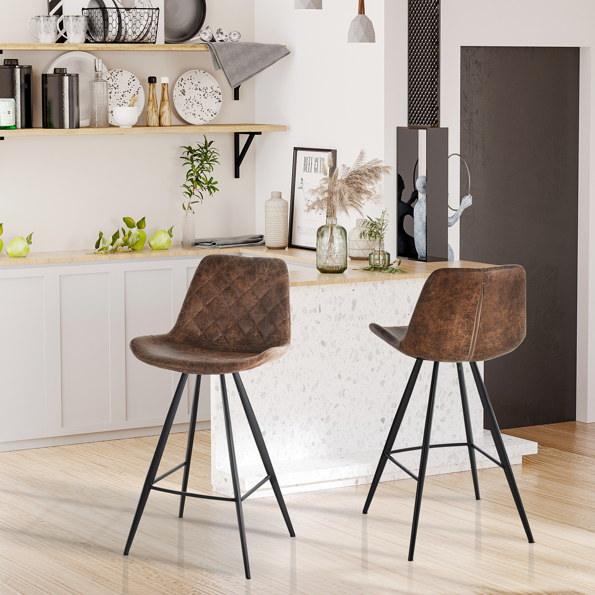 HOMCOM Set of 2 Microfiber Cloth Bar Stools, Multi
