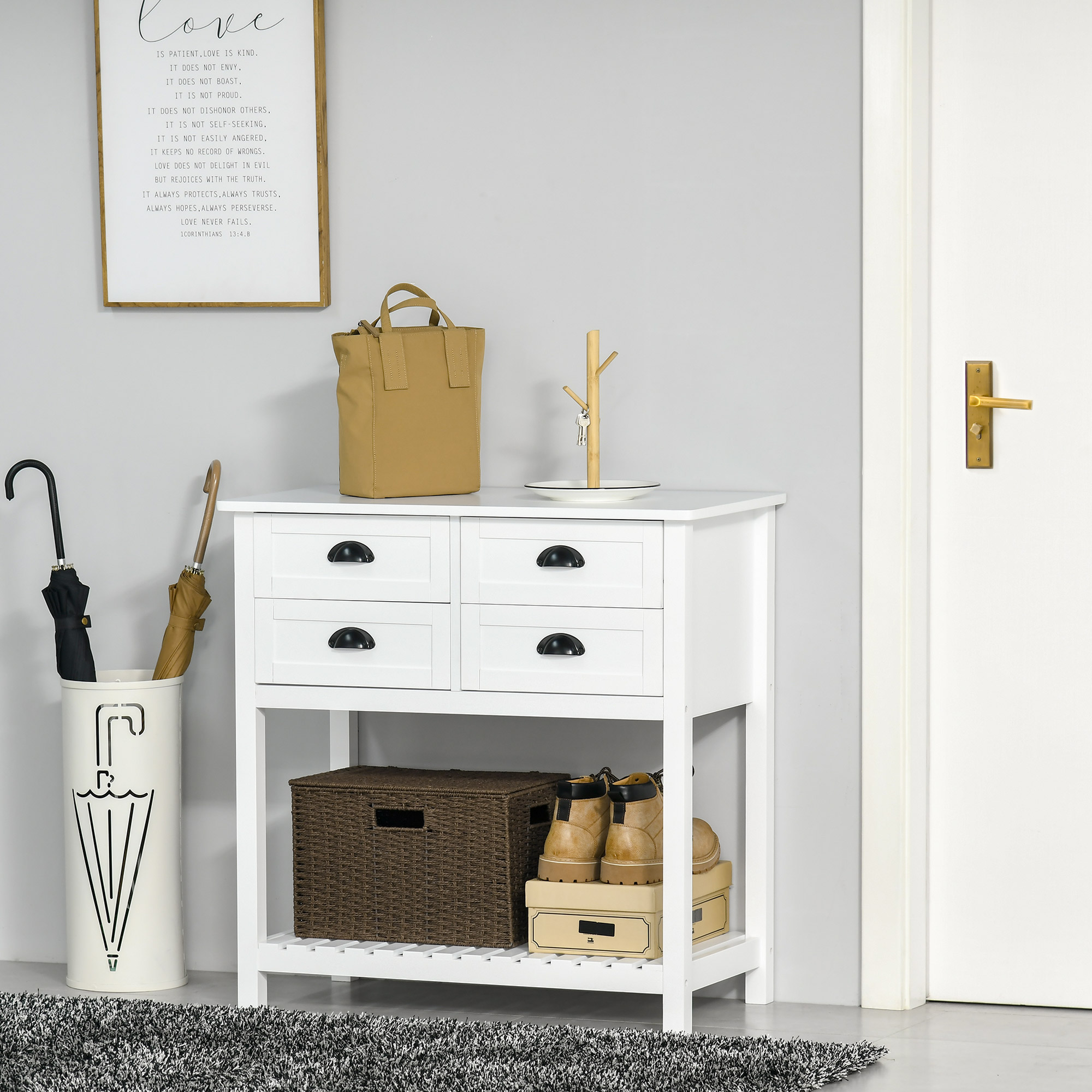 HOMCOM Sideboard Buffet Cabinet, Storage Serving Console Table with 4 Drawers and Slatted Bottom Shelf for Kitchen, Living Room, White 0