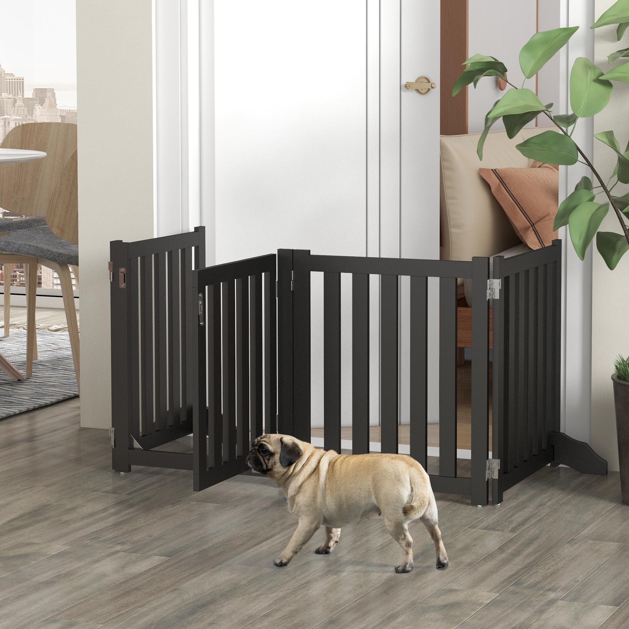 PawHut Foldable Dog Gate with Door 4 Panels Freestanding Pet Gate Black Portable Safety Barrier Aosom Canada