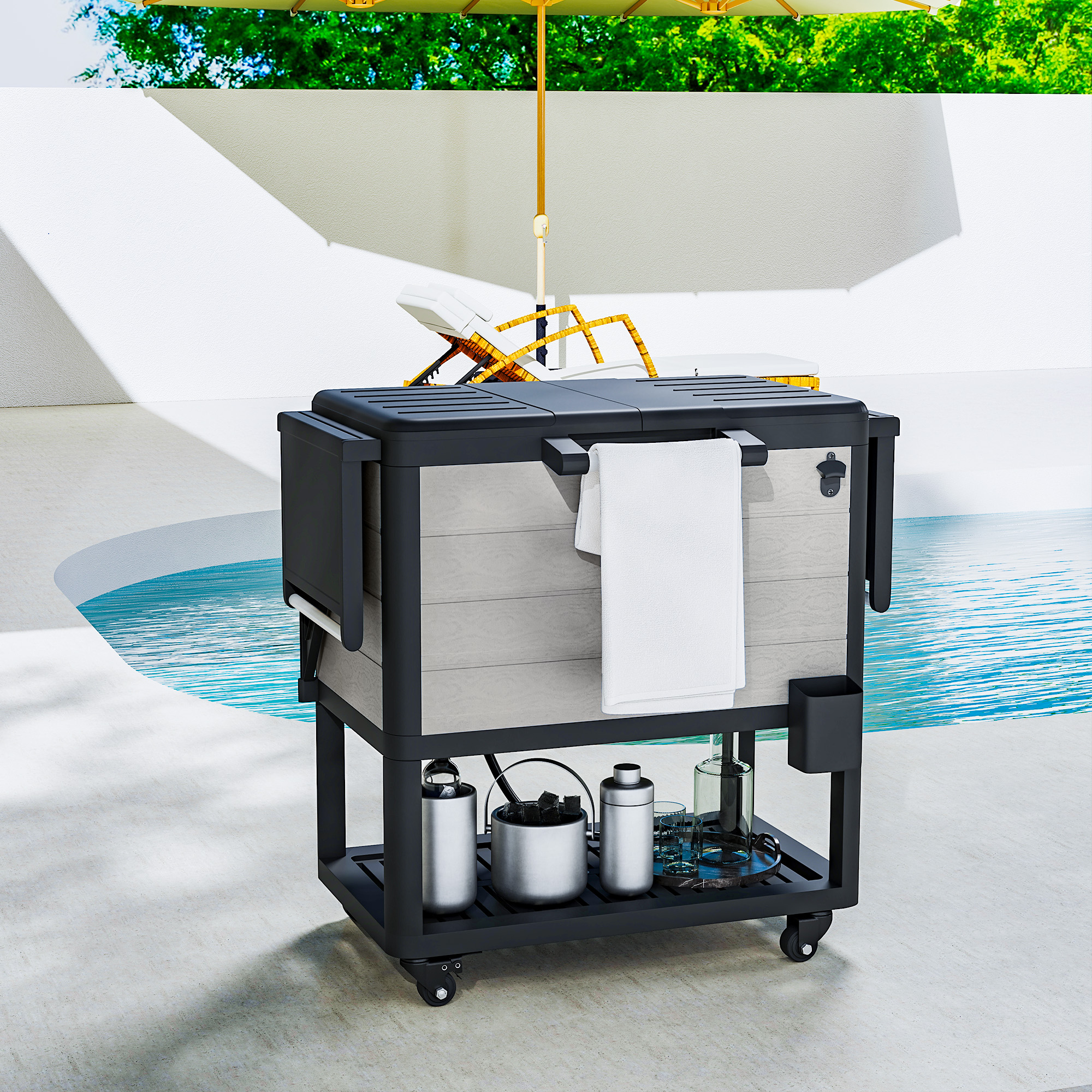 Outsunny 104-Quart Rolling Patio Cooler Cart With Wheels, Shelves & Bottle Opener – Keeps Drinks Cold For 48 Hours, Perfect For BBQ, Pool Parties & Outdoor Gatherings