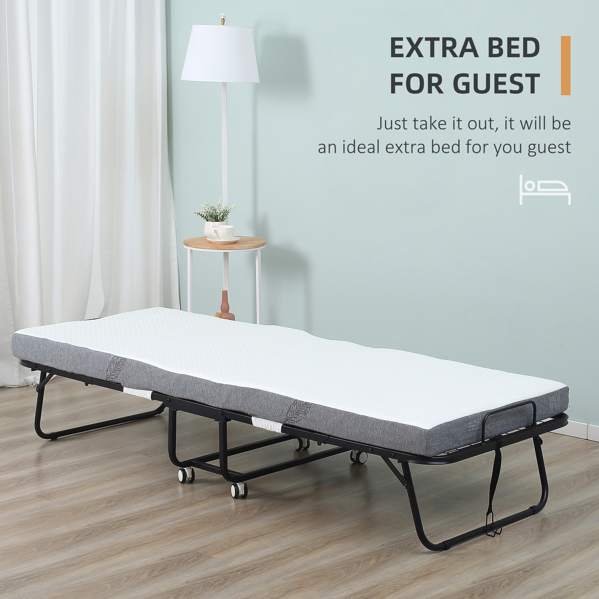 HOMCOM Folding Rollaway Bed with Memory Foam Mattress Portable White Guest Bed on Wheels | Aosom.com 2