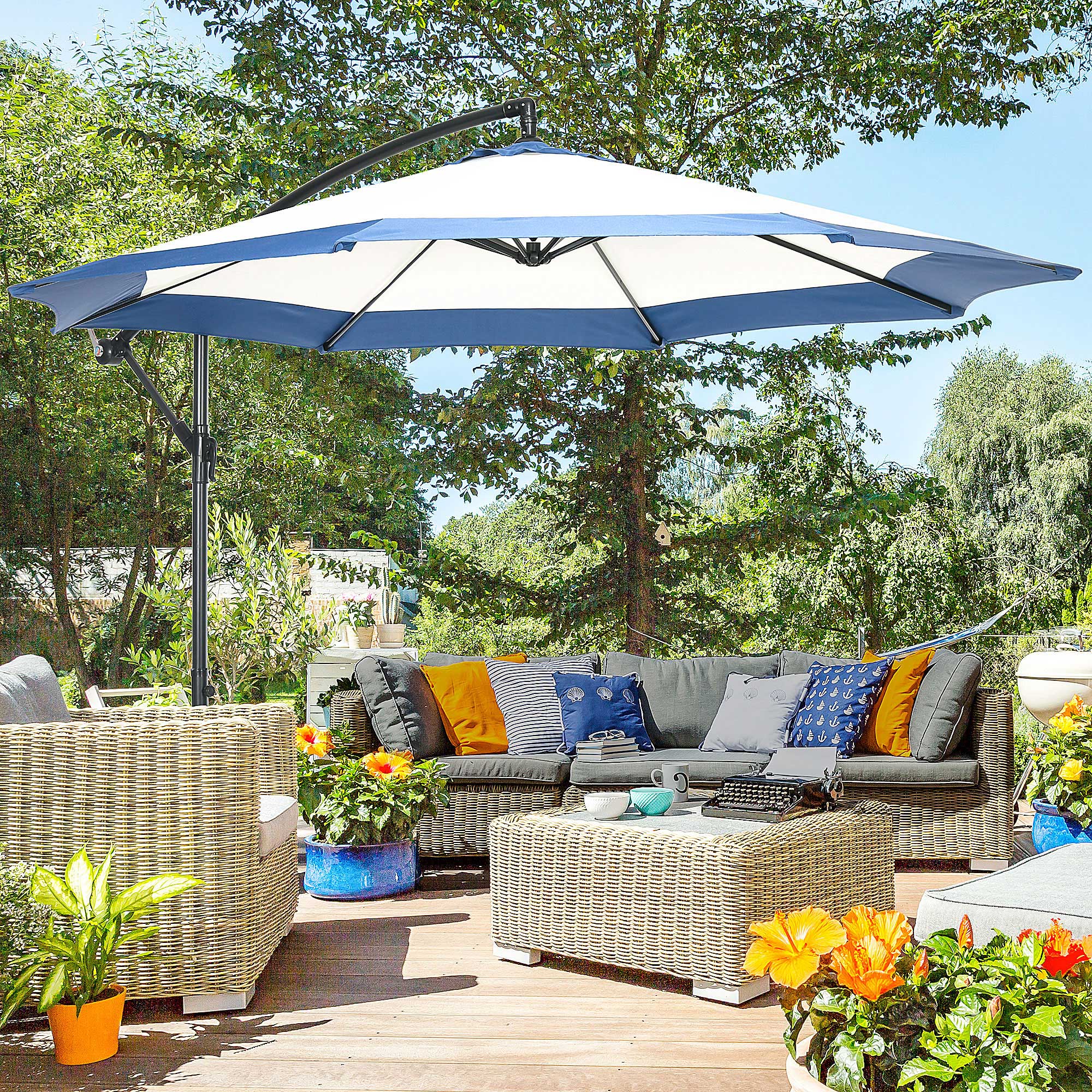 Outsunny 10FT Cantilever Umbrella, Offset Patio Umbrella with Crank and Cross Base for Deck, Backyard, Pool and Garden, Hanging Umbrellas, Navy Blue | Aosom.com Outsunny 10FT Cantilever Umbrella, Offset Patio Umbrella with Crank and Cross Base for Deck, Backyard, Pool and Garden, Hanging Umbrellas, Navy Blue | Aosom.com