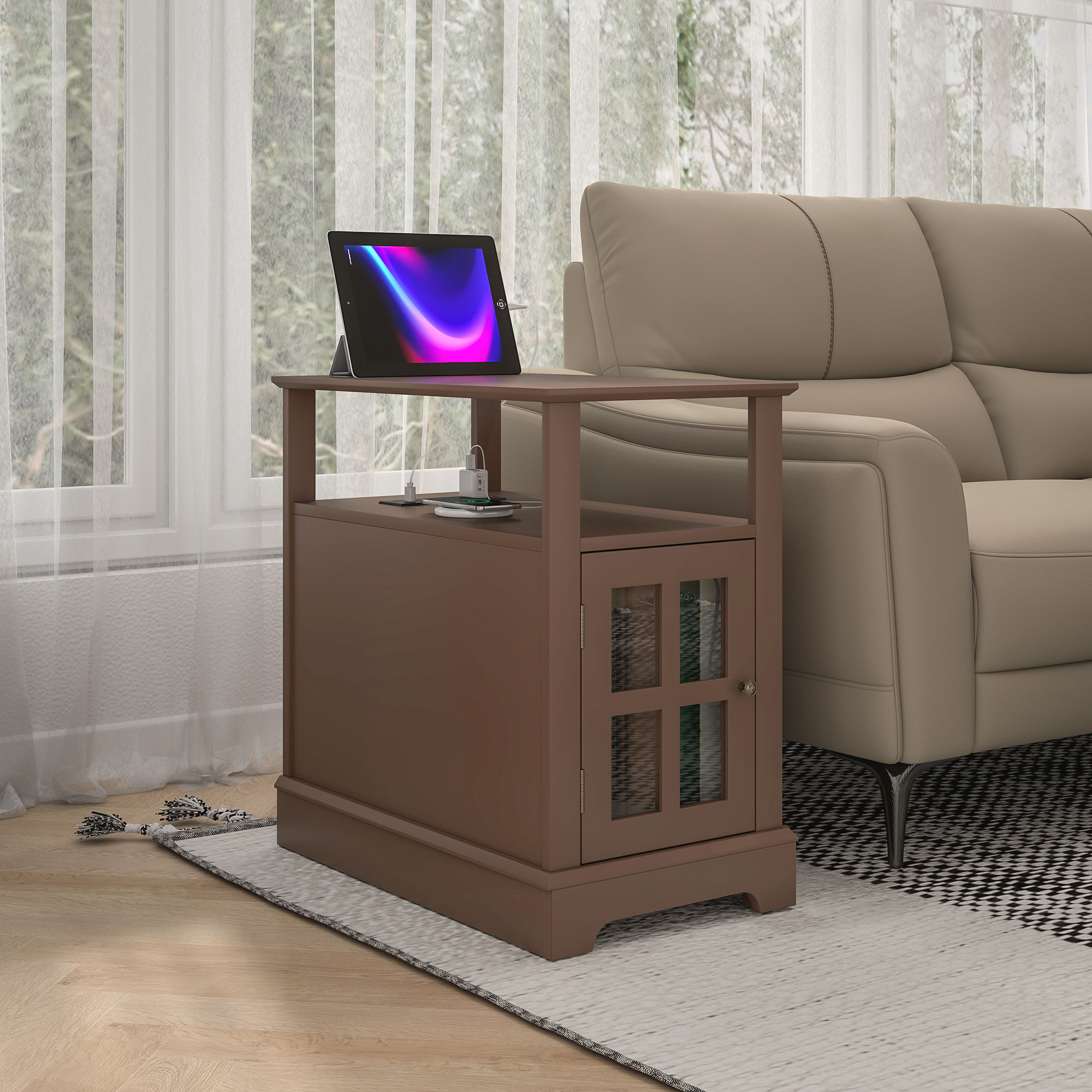 HOMCOM Narrow Side Table End Table with Charging Station, USB Ports ...