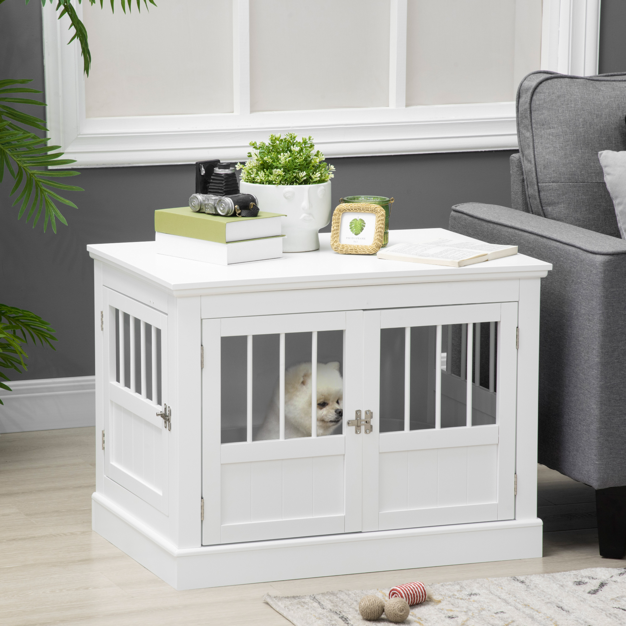 PawHut 31" Dog Crate Furniture End Table with Three Doors for Small Dogs, White Aosom Canada
