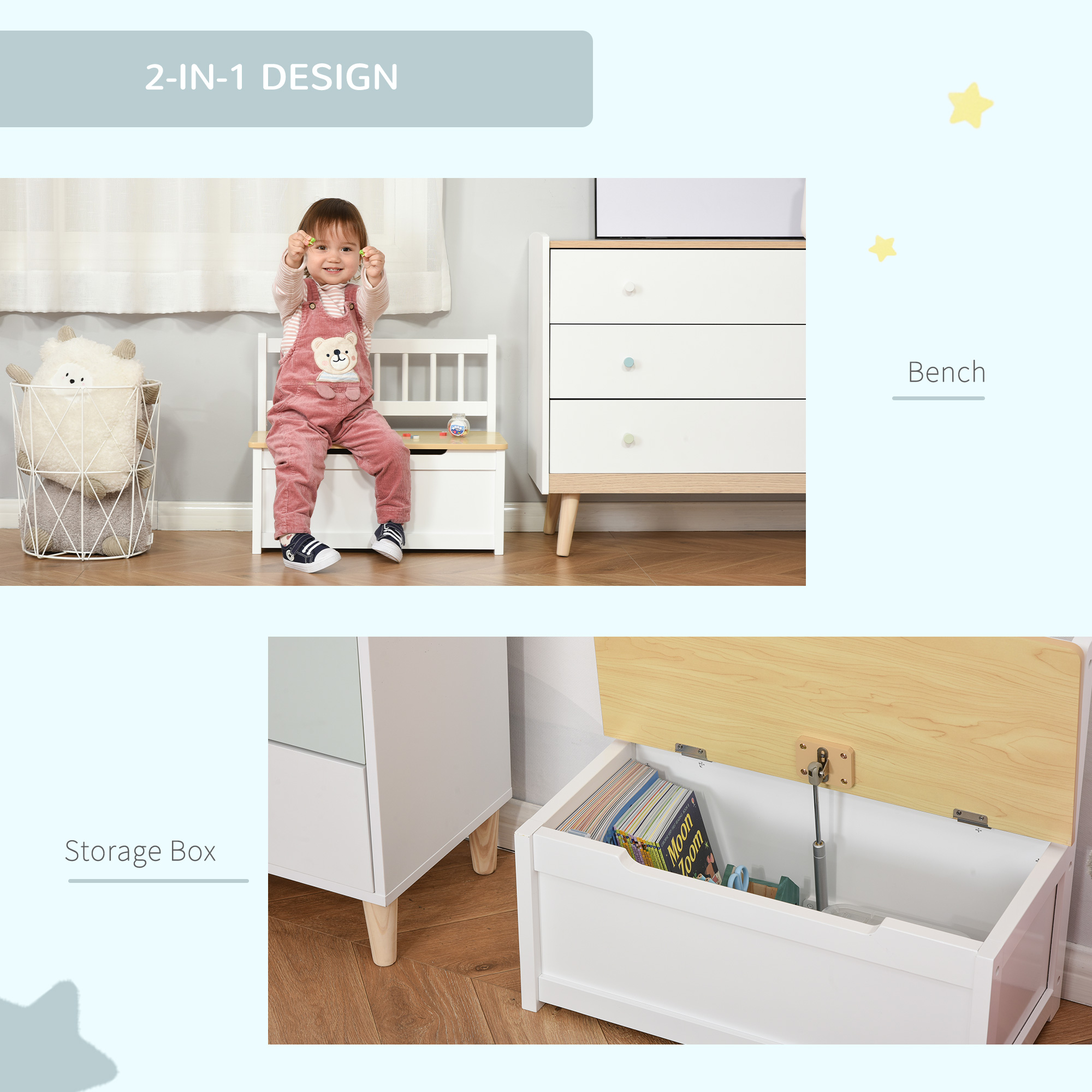 HOMCOM Wooden Toy Storage Box, Kids Organizer with Bench Seat, Safety Pneumatic Rod, Versatile Toy Chest for Playroom, White| Aosom.com 4