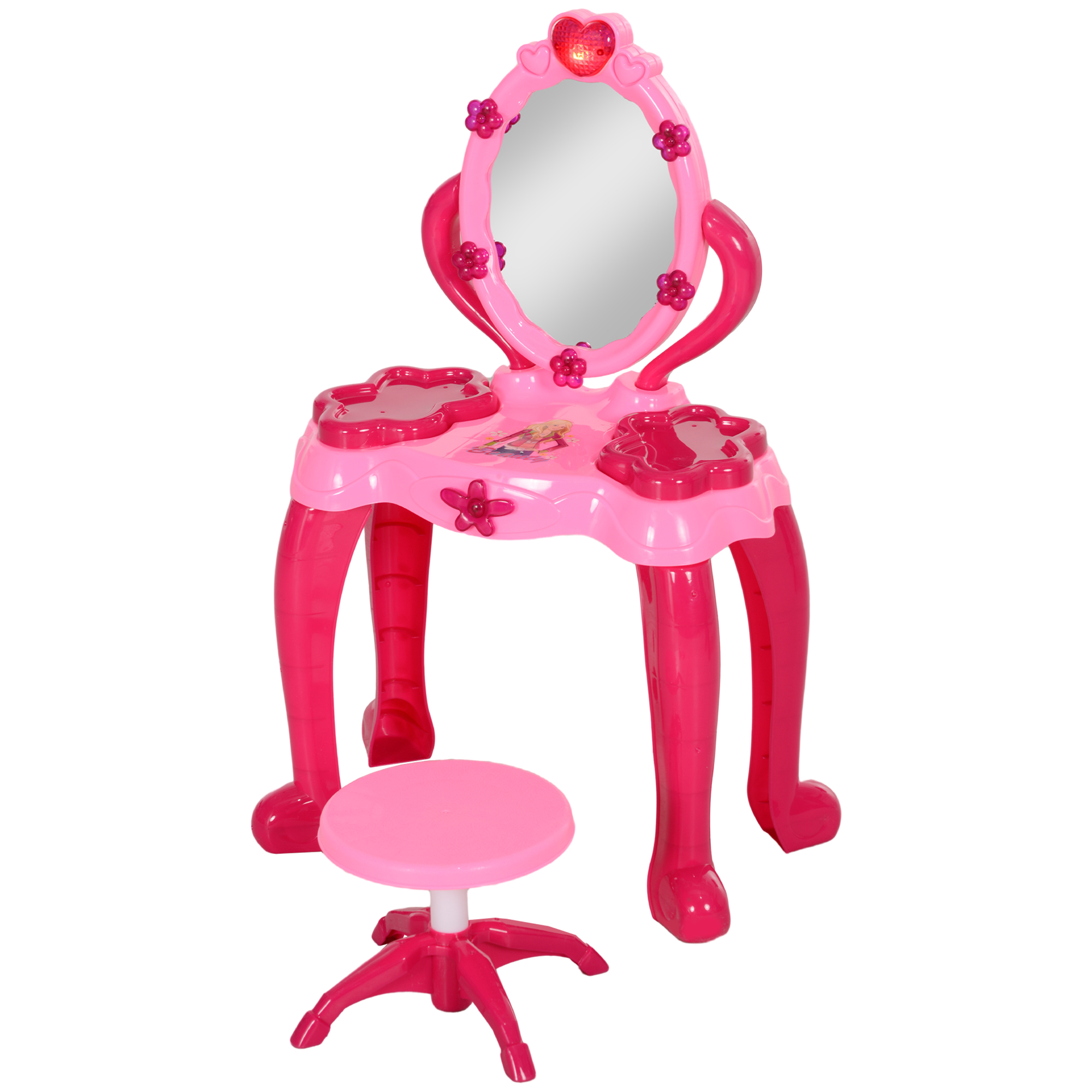 Qaba Kids Vanity Set with Mirror and Stool, Light and Sound, 15 Accessories, Pink