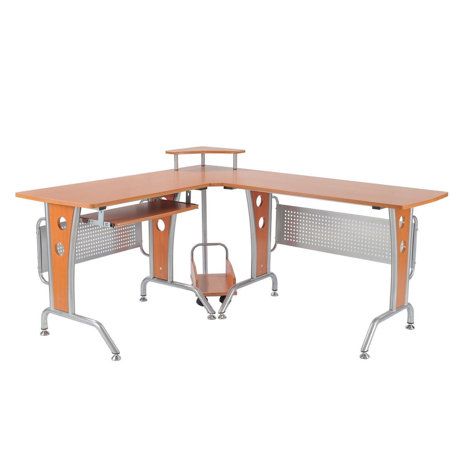 HOMCOM Corner Computer Desk with Elevated Shelf, Rolling Keyboard Tray, & Convenient CPU Stand, Gaming L Shaped Desk, Wood Color