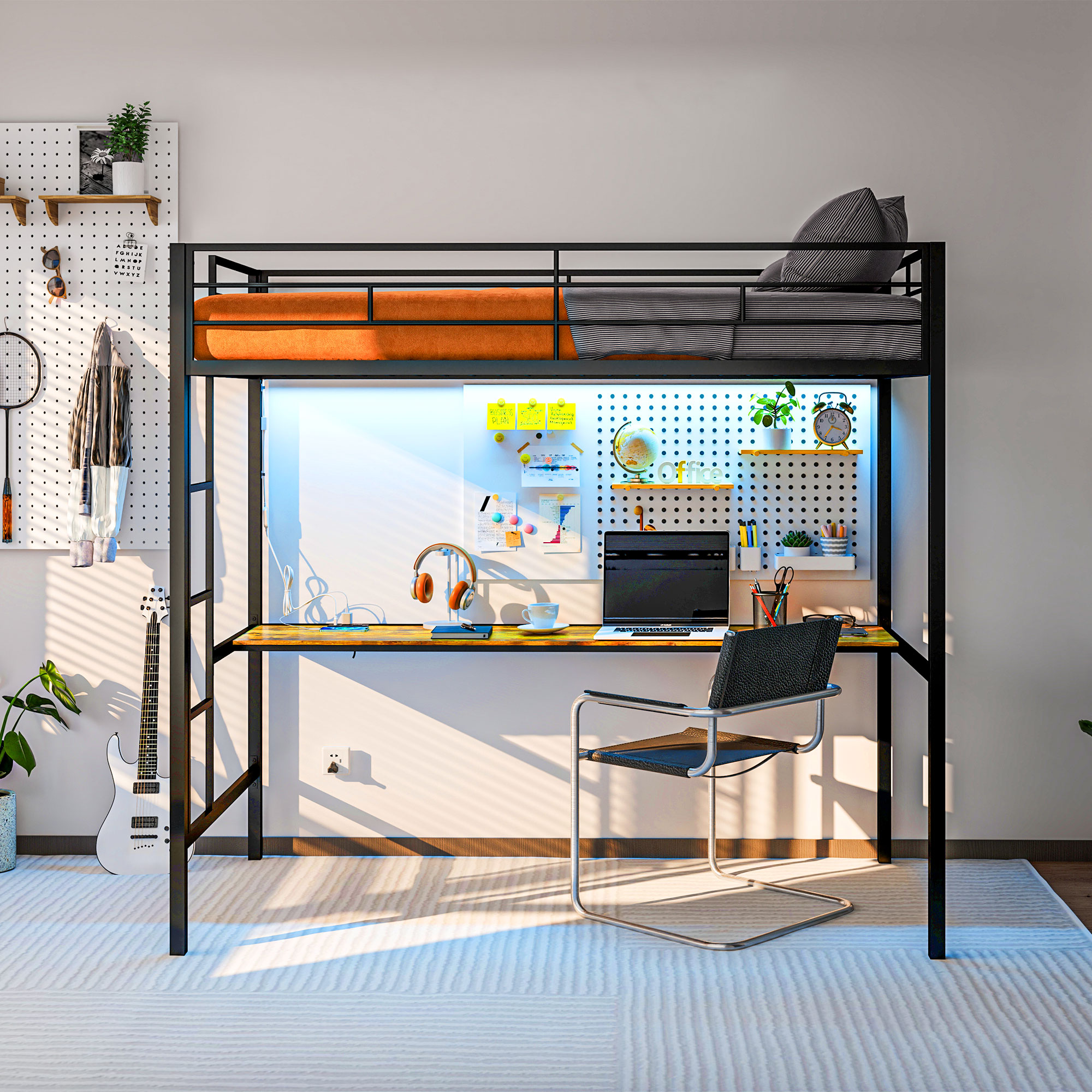 HOMCOM Twin Loft Bed with Desk, LED Lights and Charging Station, Twin Loft Bed Metal with Ladder, Black | Aosom.com 7