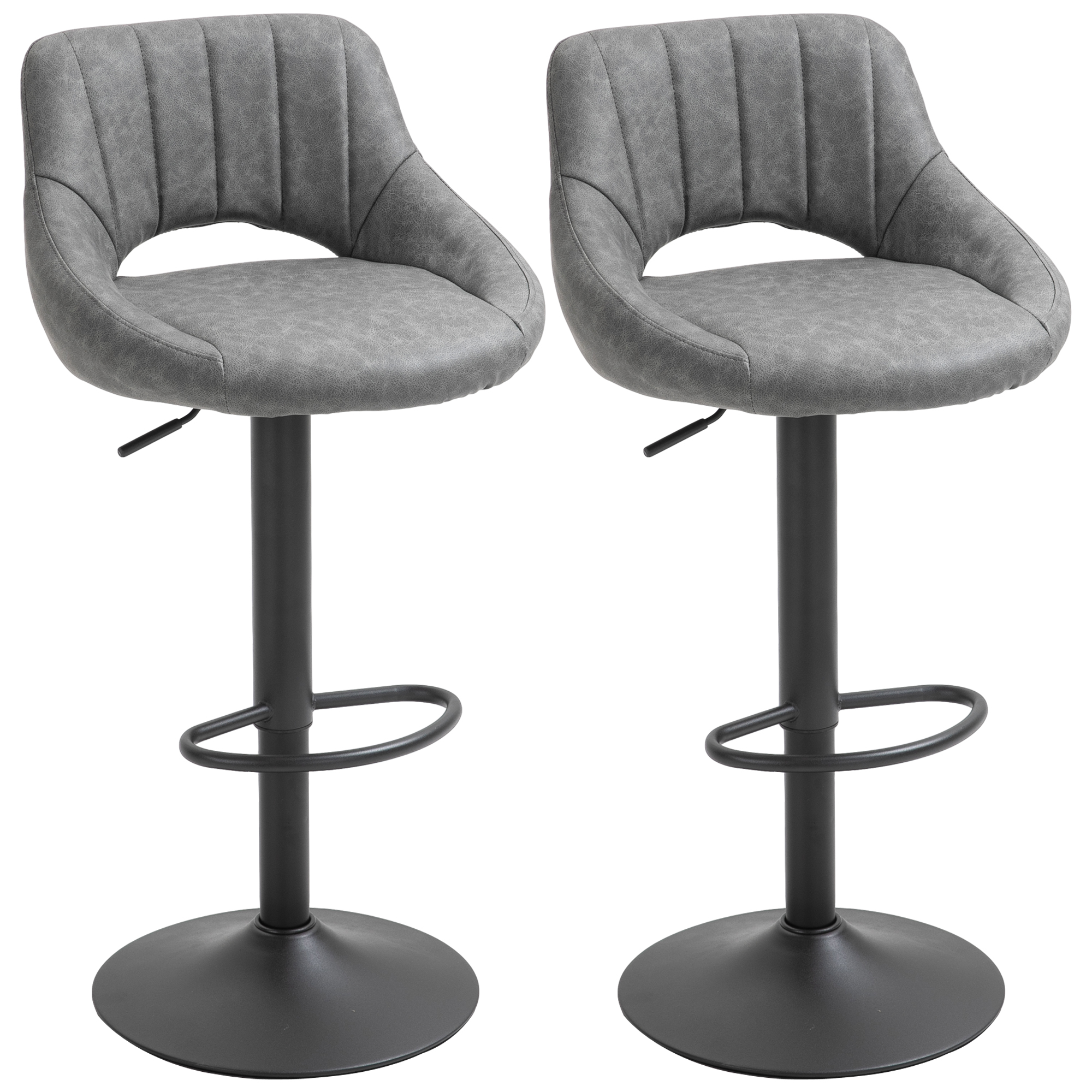 Rotating Counter Height Barstools with Adjustable-Height Height and Cutout Back, Bar Stools Set of 2, Faux Leather Upholstered Bar Chairs with Round Metal Stand and Footrest, Grey 1