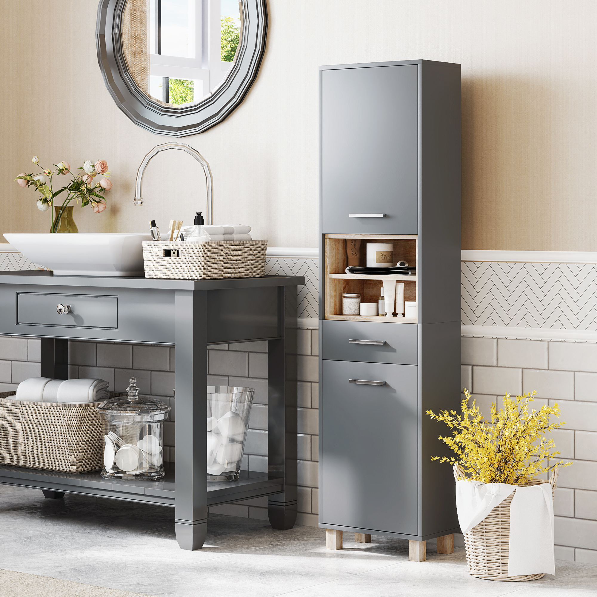HOMCOM Tall Bathroom Storage Cabinet, Freestanding Bathroom Cabinet with Open Compartments ...