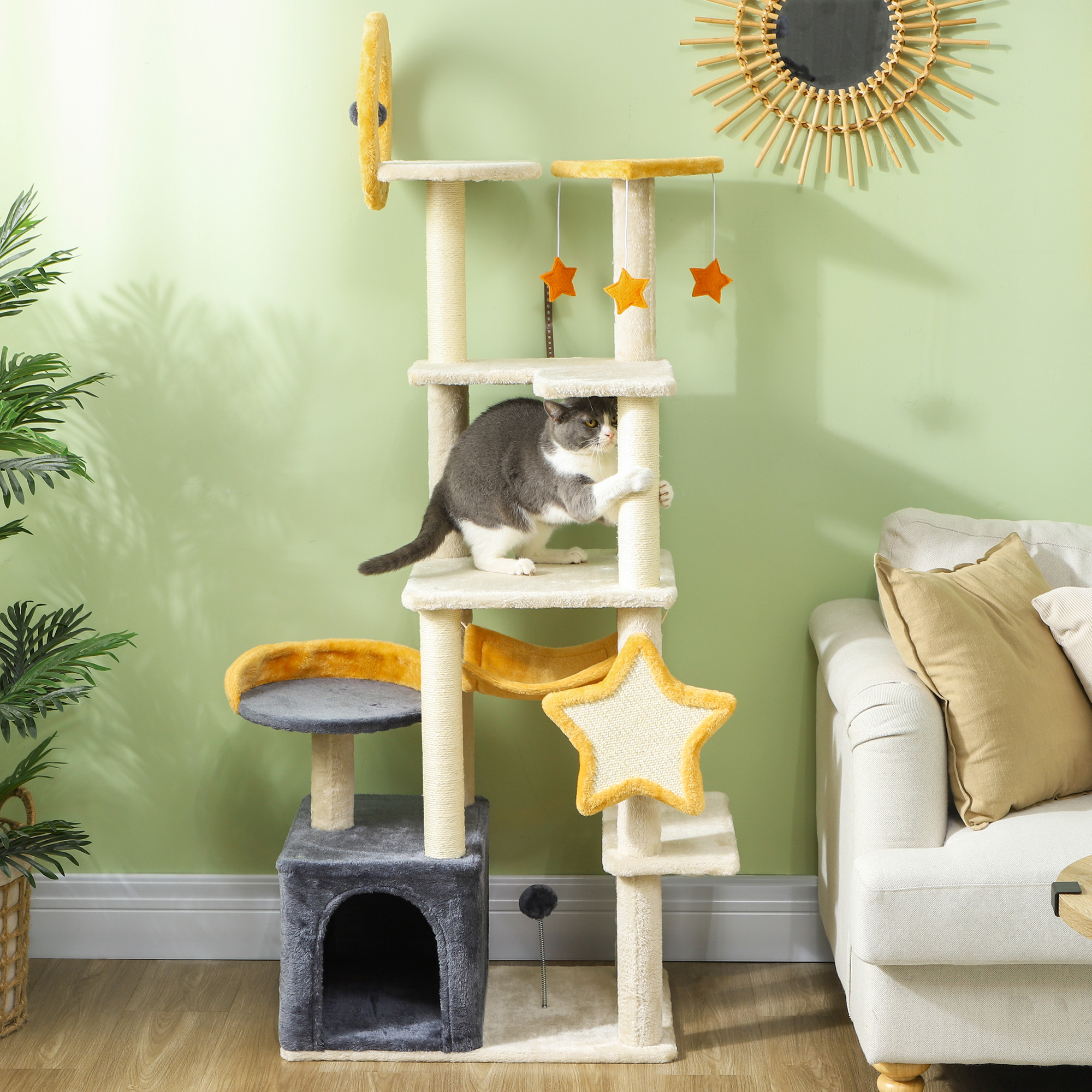 PawHut Star and Moon Themed Cat Tree with Cat Scratching Posts, Cat Condo, Bed, Scratching Board, Cat Toys, Beige Aosom Canada