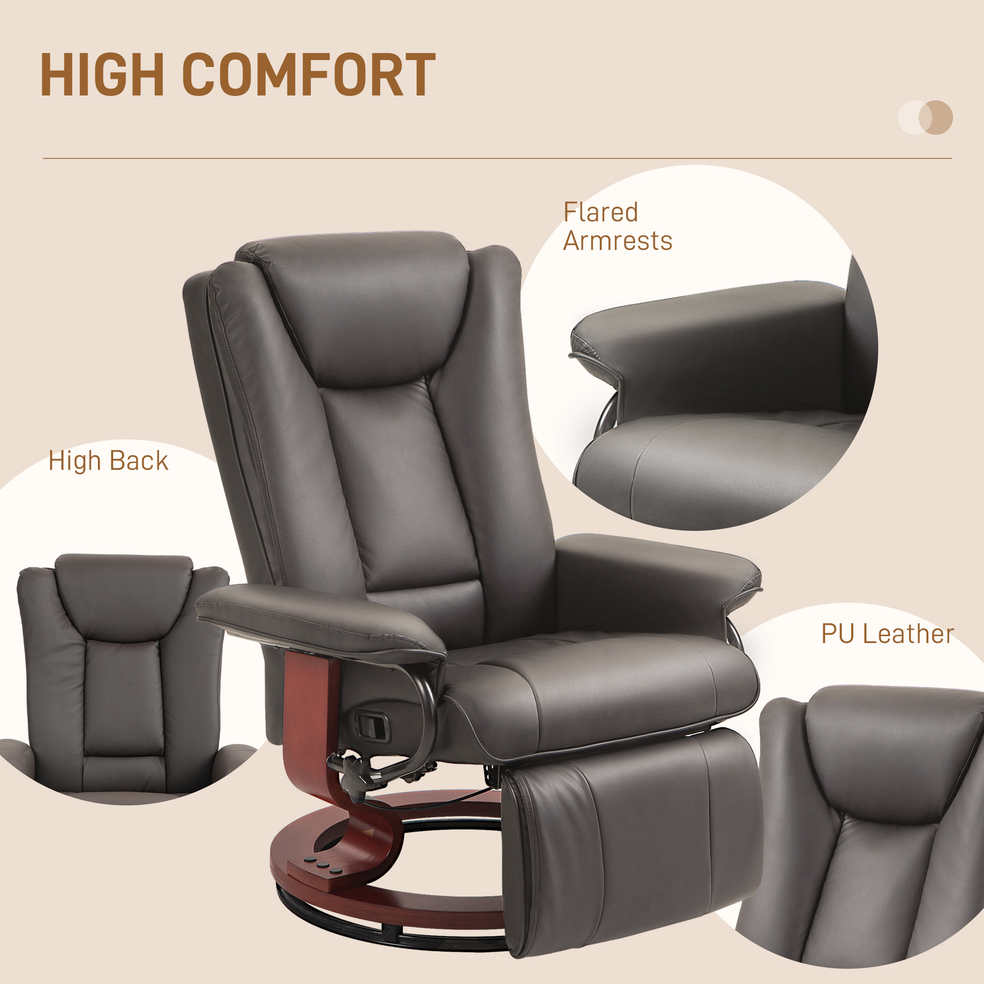 HOMCOM RV Recliner Chair, PU Leather Swivel Recliner chair with Footrest for Living Room, Brown | Aosom.com 5