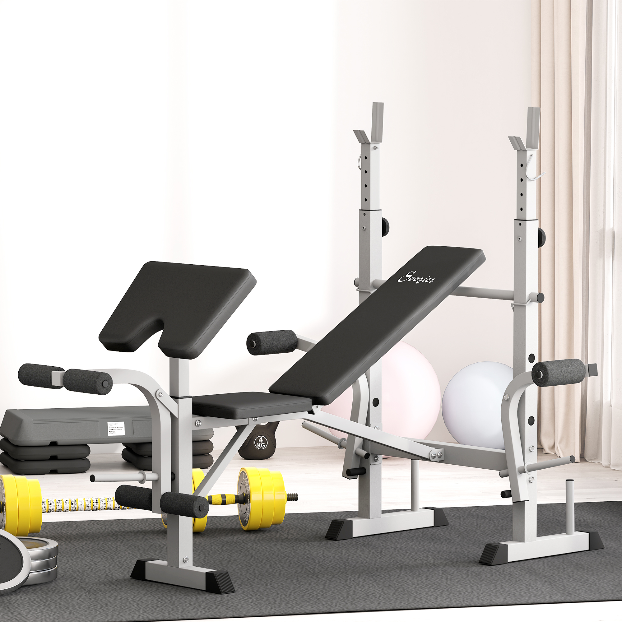 Soozier Bench Press Set Adjustable Weight Bench with Squat Rack, Preacher Curl Pad, Leg Developer and Weight Storage, Grey | Aosom Canada