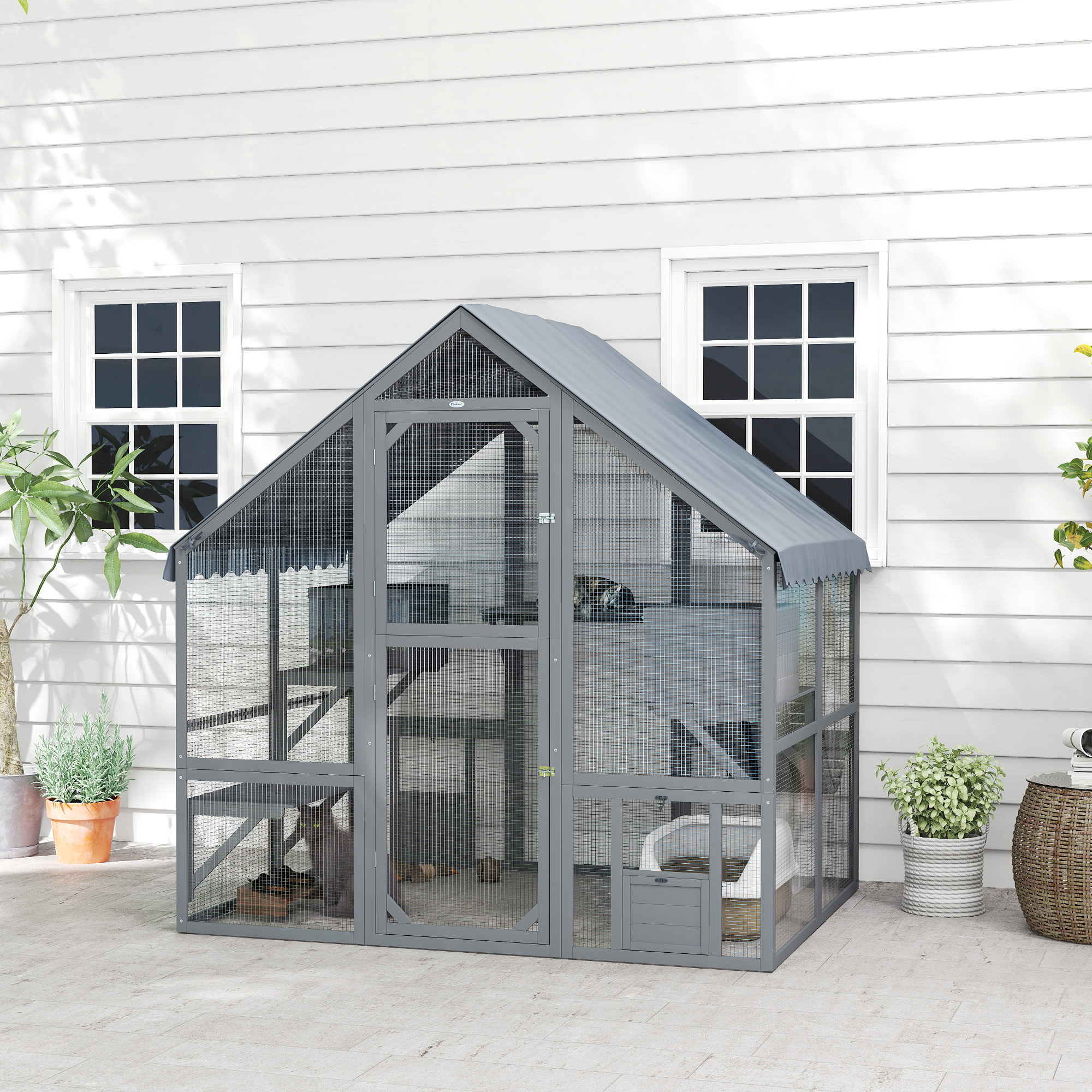 PawHut Large Catio Outdoor with Waterproof Cover, 2 Resting Boxes, 4 Platforms, Bridge, for 2-4 Kittens, Grey Aosom Canada