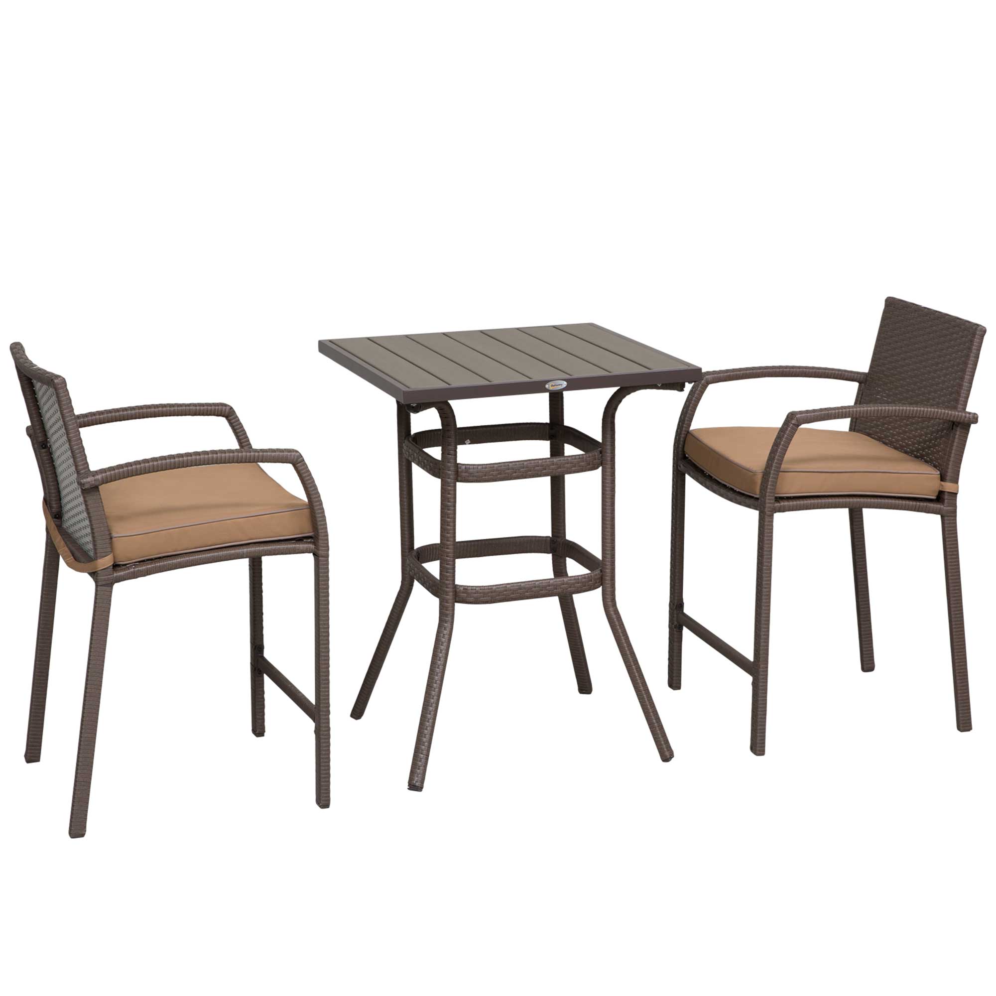 Outsunny 3 PCS Rattan Wicker Bar Set with Wood Grain Top Table and 2 Bar Stools for Outdoor, Patio, Poolside, Garden, Brown