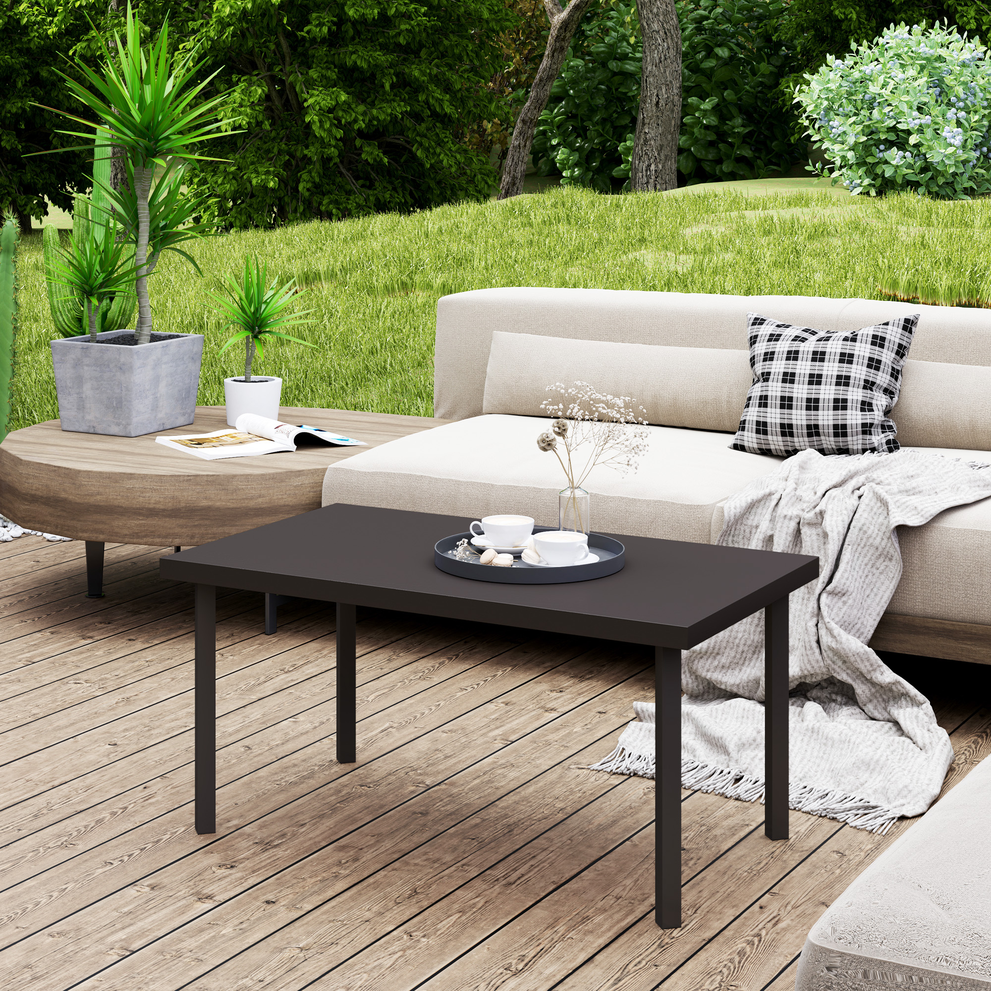 Outsunny Metal Outdoor Side Table, Rectangle Patio Coffee Table with Woodgrain Tabletop for ...