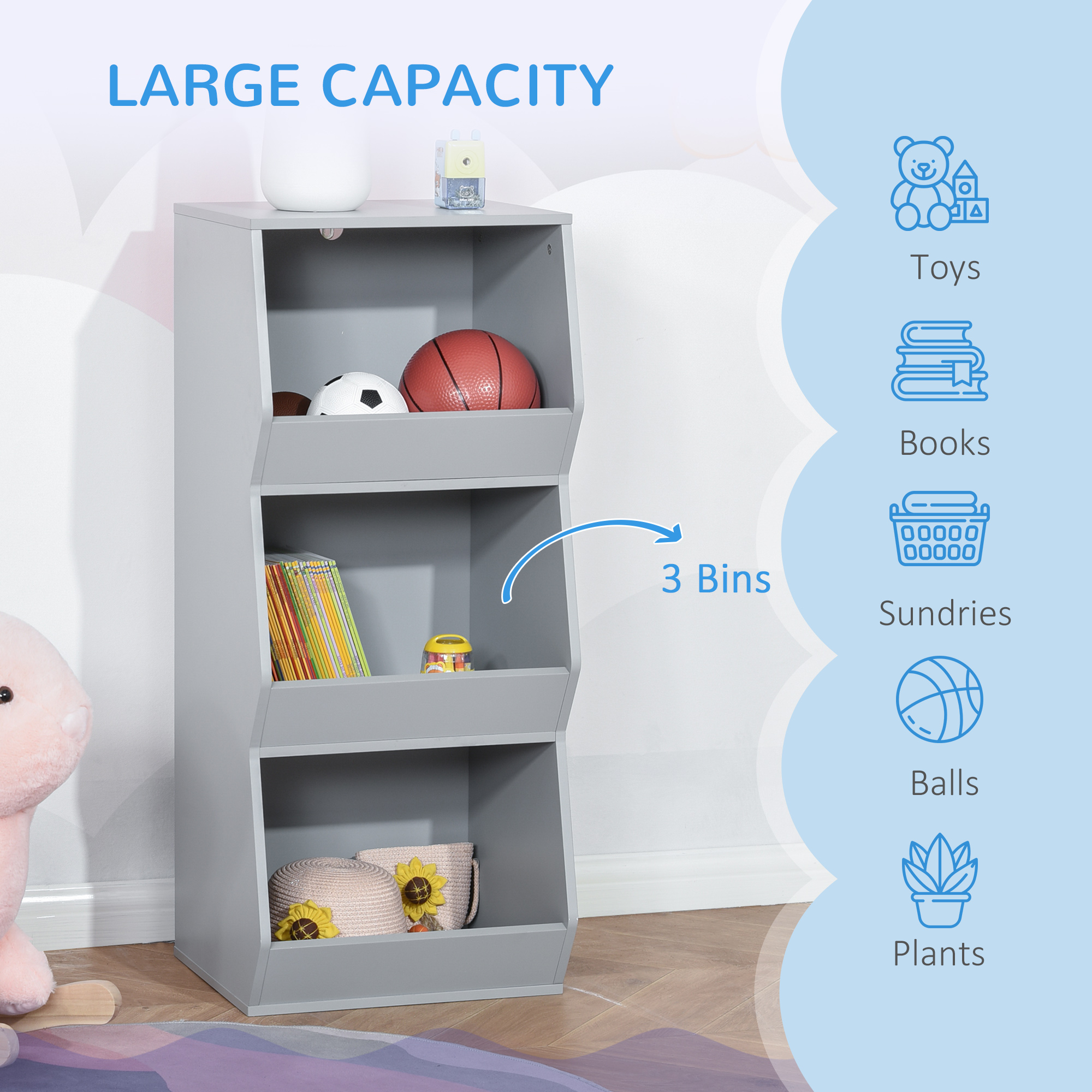 HOMCOM Kids Storage Cabinet, 3-Shelf Anti-toppling Organizer, Childrens Bookcase for Playroom, Bedroom, Space-Saving Book Rack, Gray | Aosom.com 2