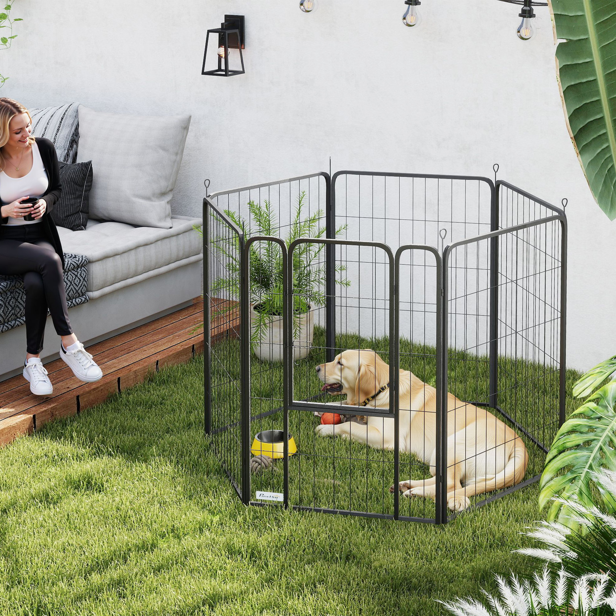 PawHut 6 Panels Heavy Duty Dog Playpen Outdoor Indoor with Door & Strap, 39" Height Portable & Foldable Pet Playpen Aosom Canada