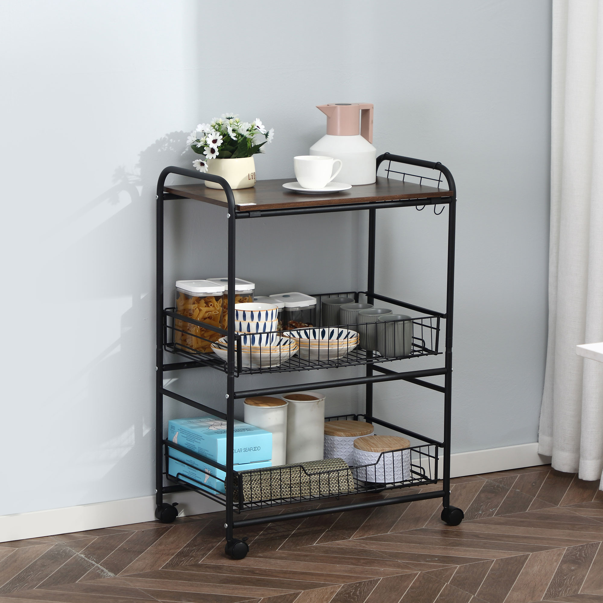 HOMCOM Dining Delights: 3-Tier Rolling Kitchen Cart, Utility Storage with Basket, Drawers, Side Hooks, Lockable Casters Aosom Canada