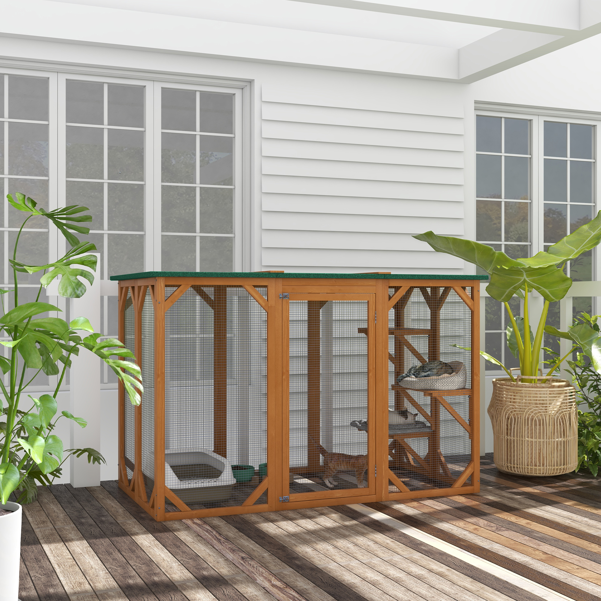 PawHut Cat Cage Wooden Enclosure Pet House Small Animal Hutch Waterproof Roof Multi-Level Platforms Orange Aosom Canada