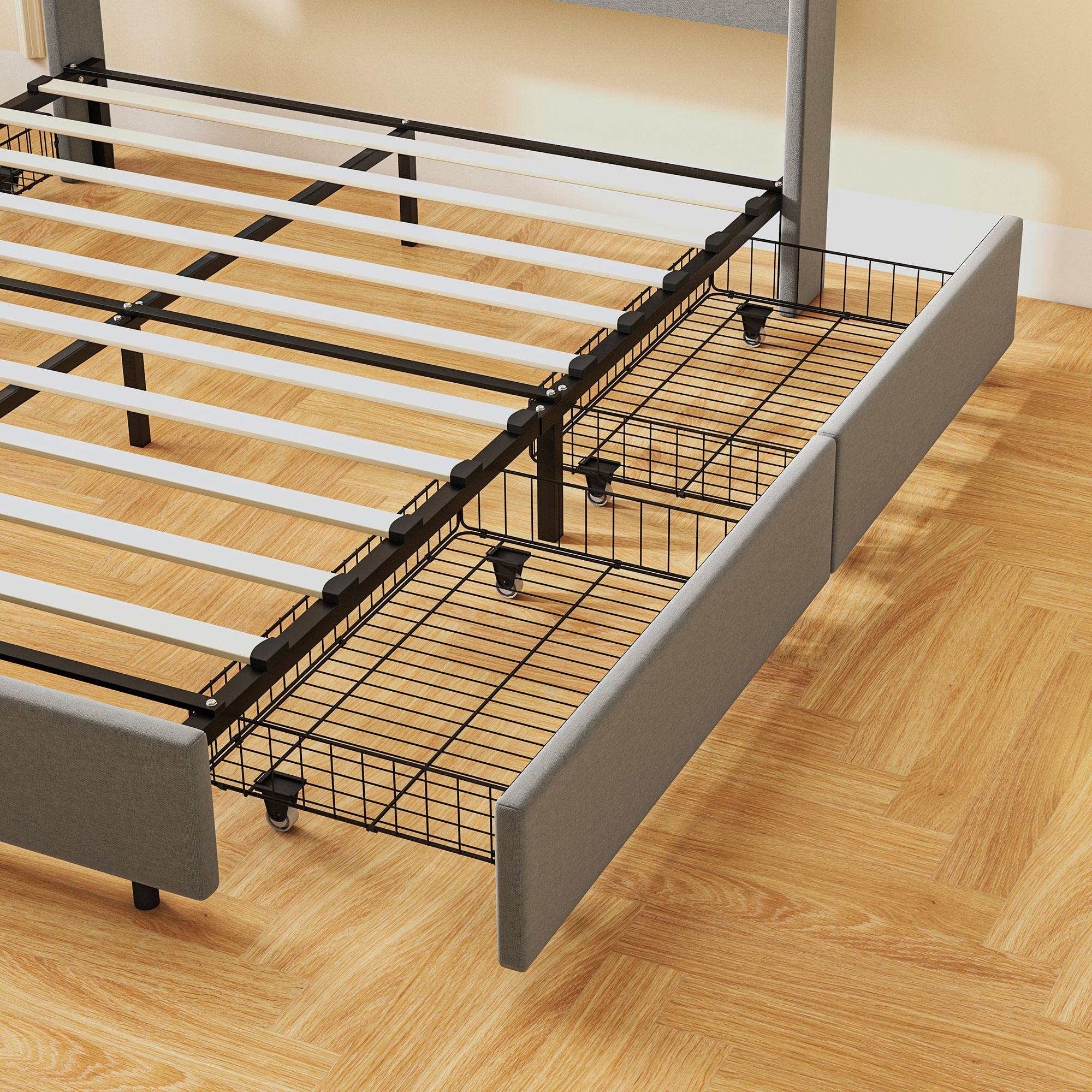 HOMCOM Queen Bed Frame with Storage Drawers, Queen Size Bed Base with Headboard, Wood Slats, Noise-Free, Light Gray | Aosom.com 7