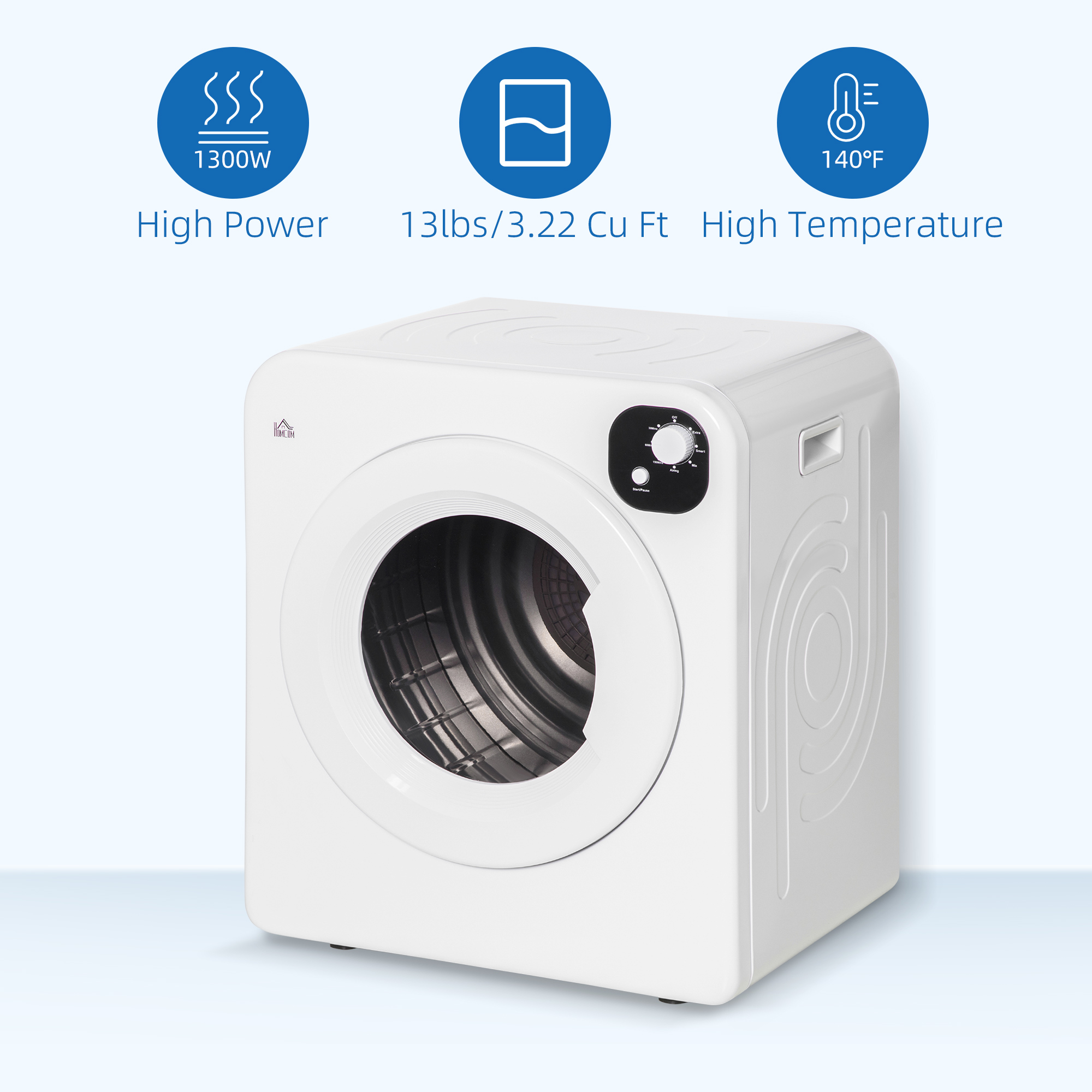 Homcom Compact Laundry Dryer Machine 1300w 3.22 Cu. ft. Electric Portable Clothes Dryer with 7 Drying Modes for Apartment or Dorm White