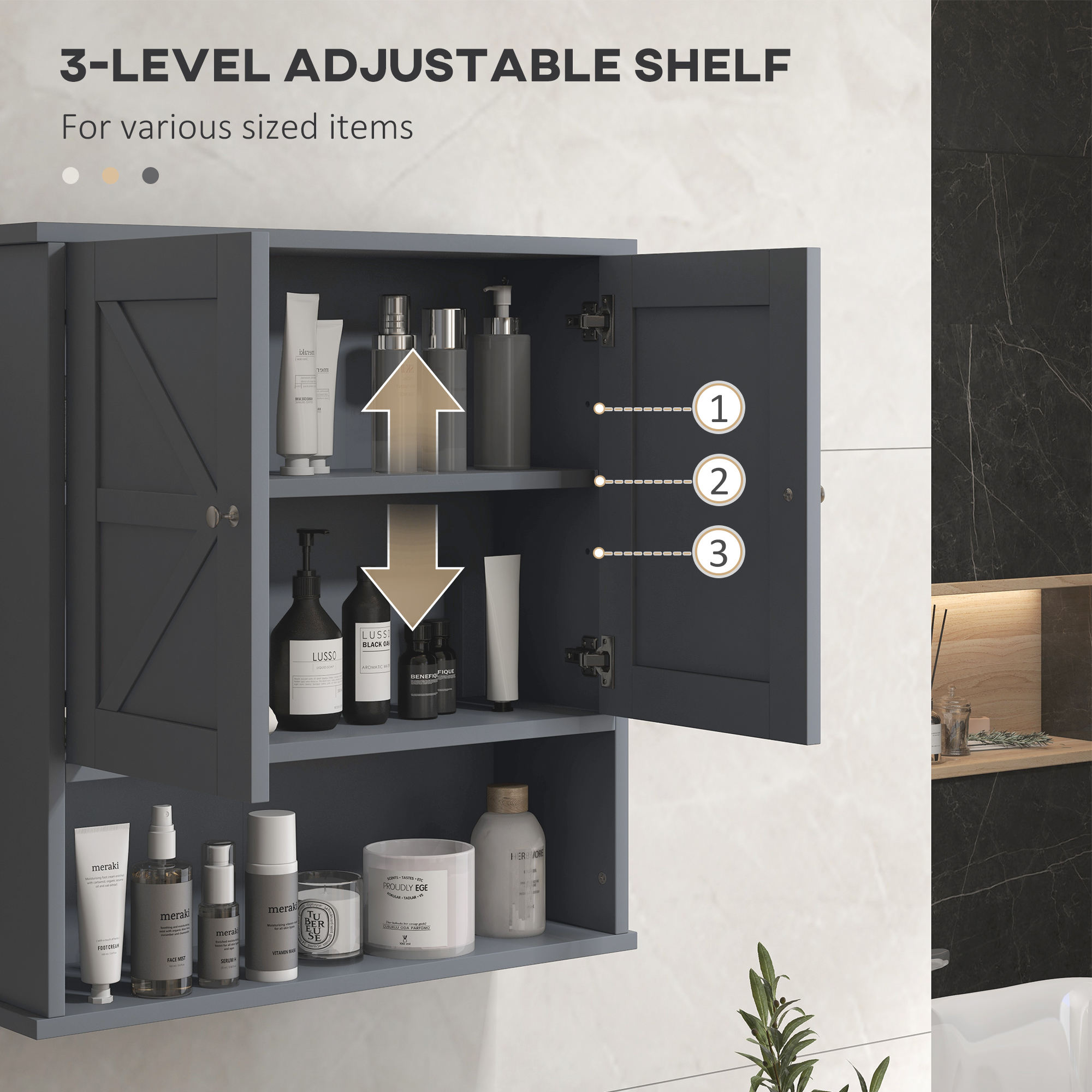 kleankin Farmhouse Bathroom Medicine Cabinet, Wall Cabinet with Barn Doors and Adjustable Shelf for Laundry Room, Gray 4