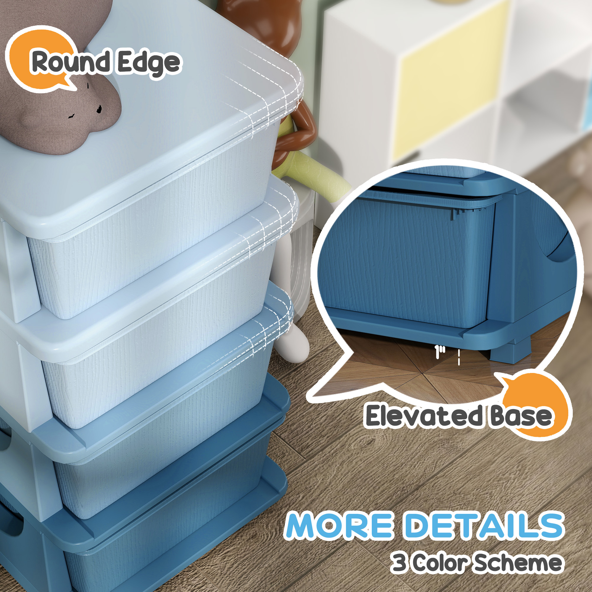 Qaba 30" 4 Tier Kids Storage Unit Dresser Tower w/ 4 Drawers, Blue 3