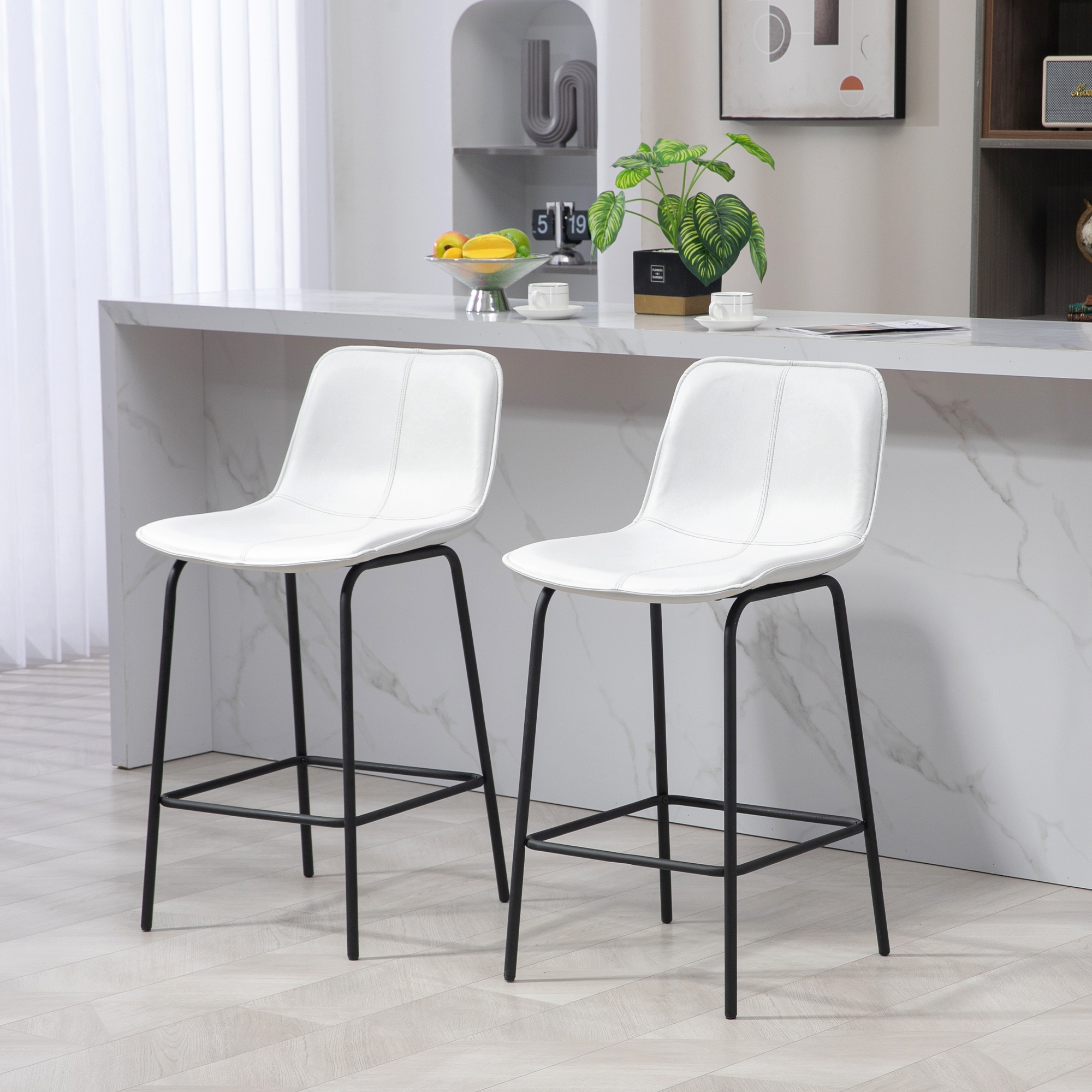 HOMCOM 2 Modern Bar Chairs, Upholstered Counter Height, Steel Legs, Kitchen Stools Aosom Canada